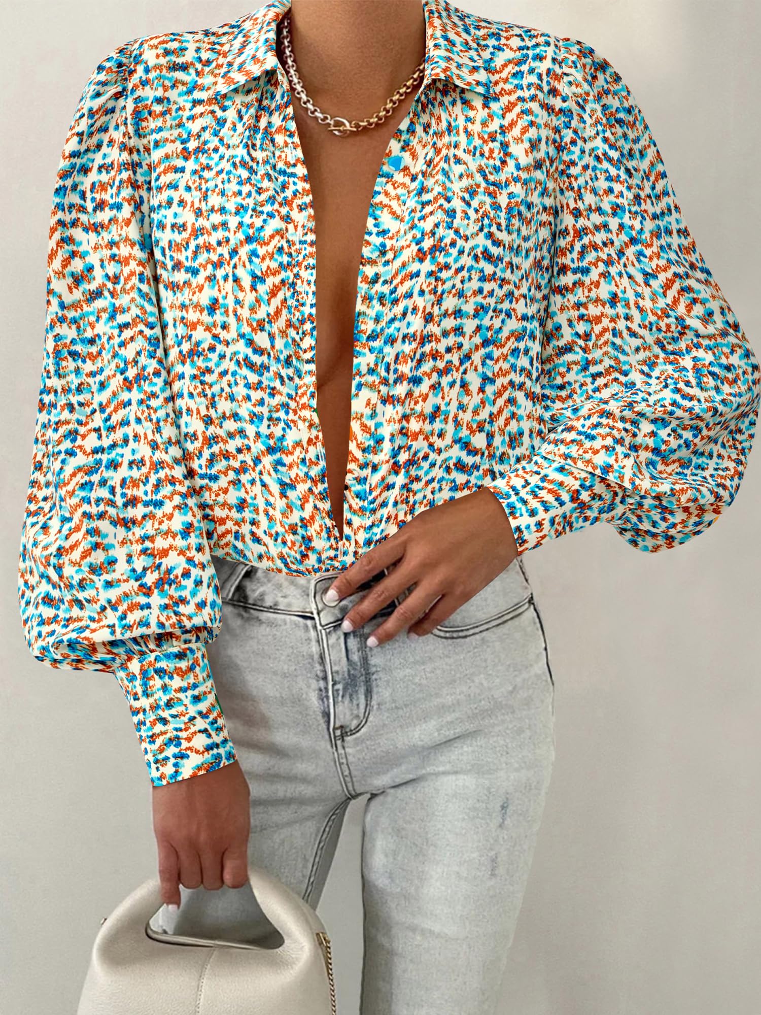 BTFBM Women Fashion Button Down Shirts V Neck Boho Printed Long Sleeve Blouses Dressy Casual Spring Fall Tops