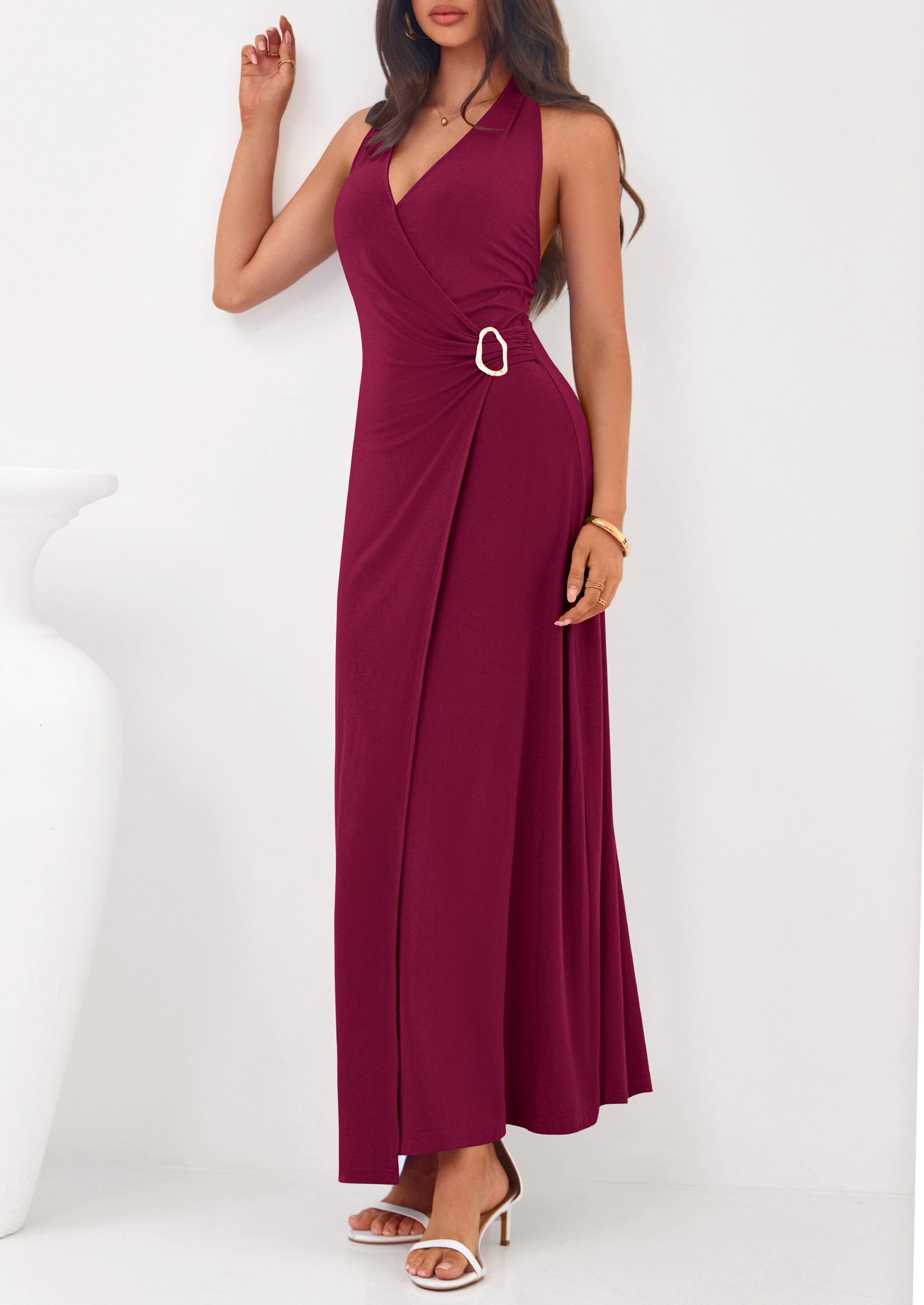 PRETTYGARDEN Holiday Cocktail Dresses for Women Summer Elegant V Neck Halter Backless Wedding Guest Party Midi Dress