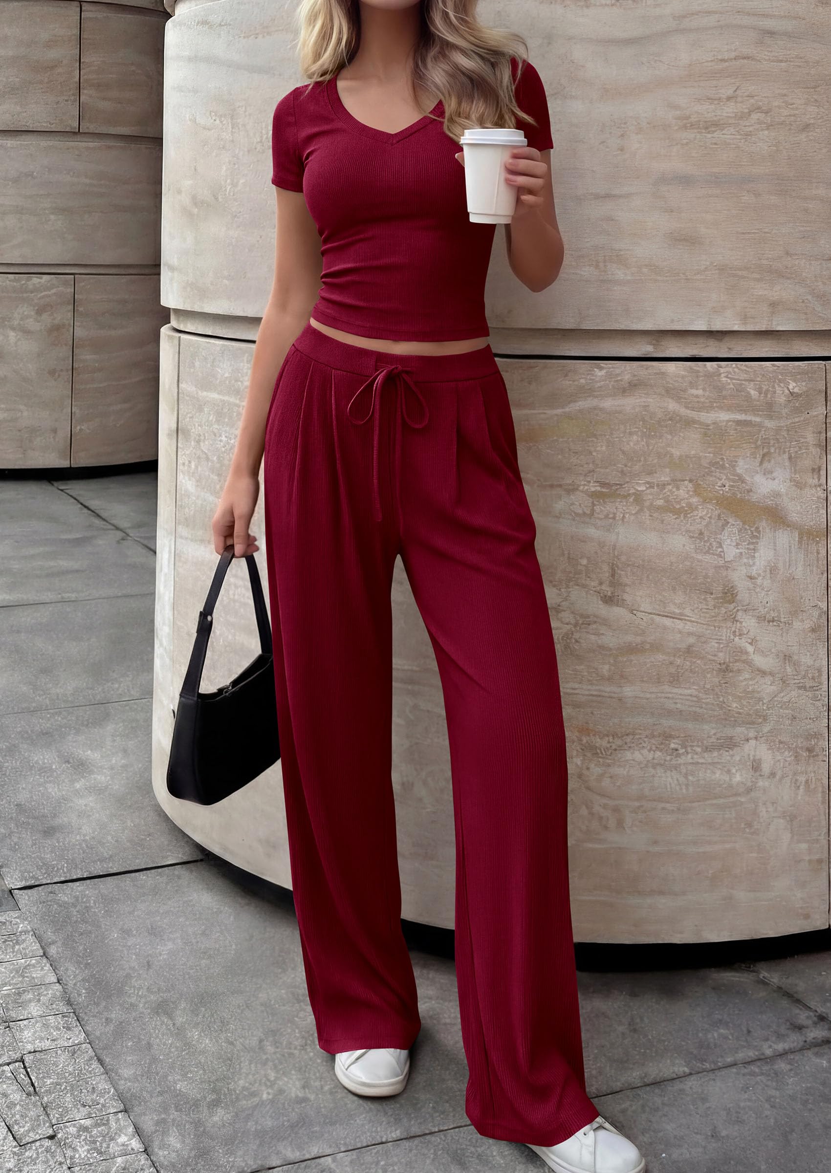 PRETTYGARDEN 2 Piece Sets for Women Summer Spring Lounge Set Matching V Neck Tops Wide Leg Pants Airport Travel Outfits