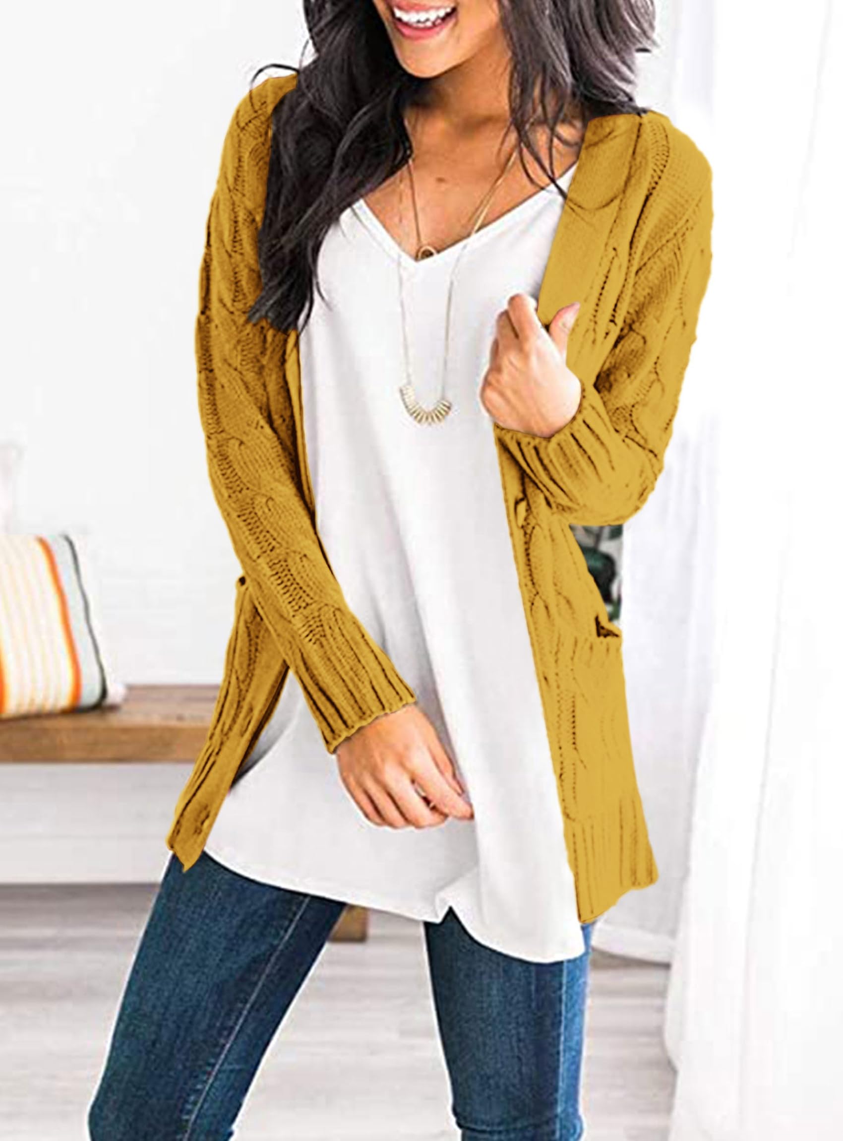 PRETTYGARDEN Women's Open Front Cardigan Sweaters Fall Fashion Button Down Cable Knit Chunky Winter Clothing Outerwear Coats