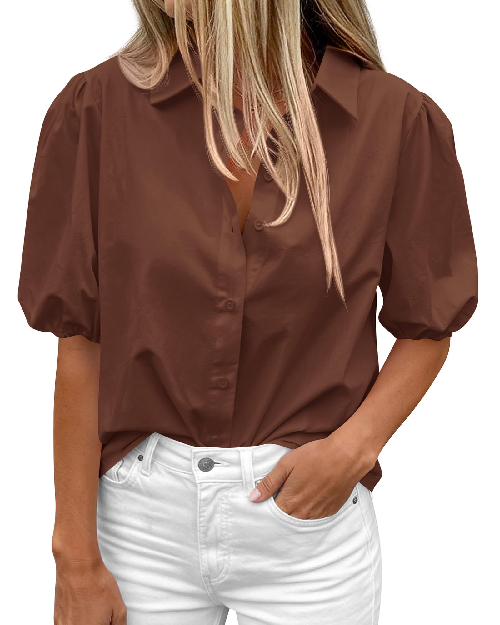 BTFBM Women's Button Down Shirts Short Puff Sleeve Collared V Nec Summer Tops Dressy Casual Work Business Blouses