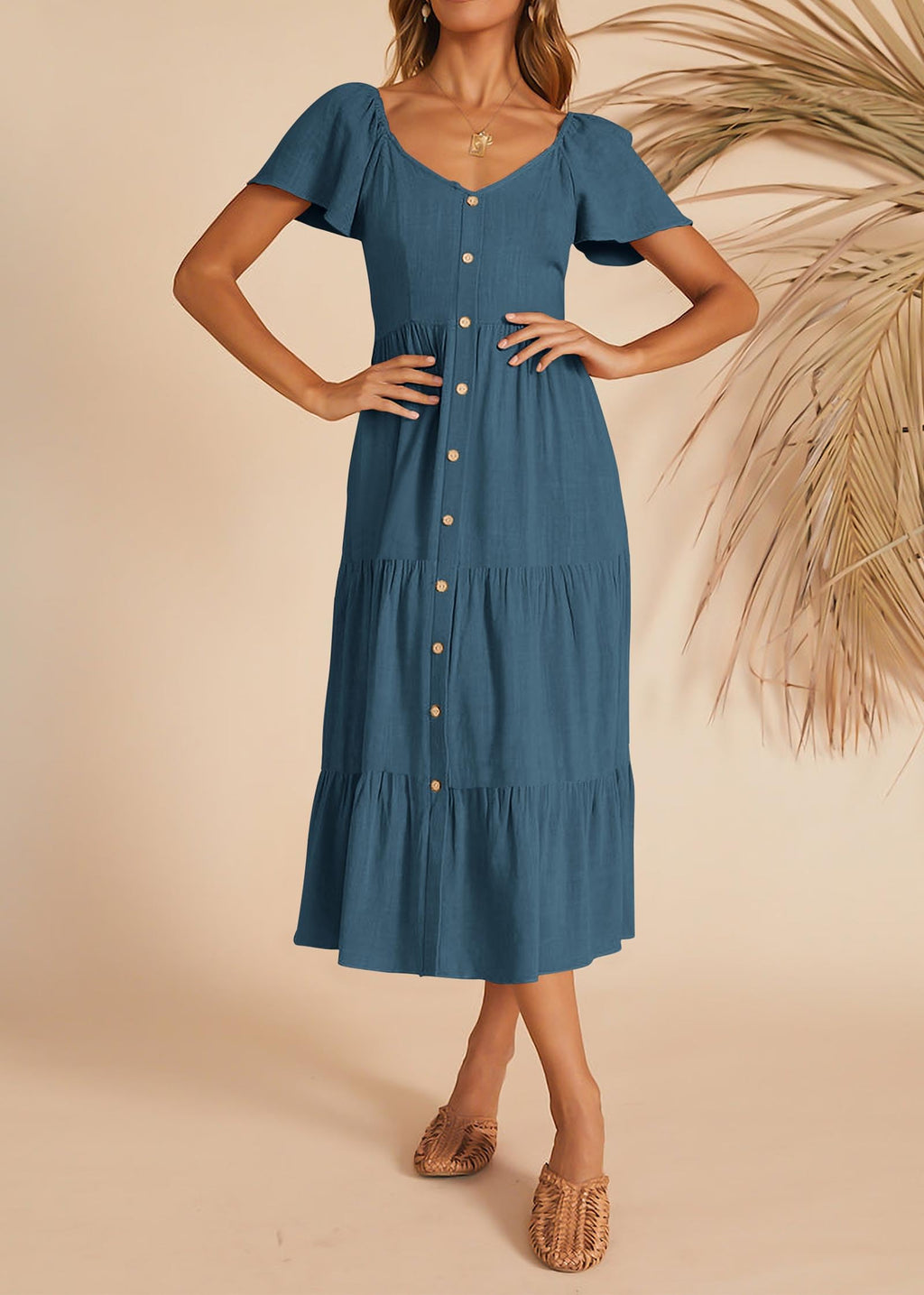 FreshPretty Women Spring Summer Casual Short Sleeve Midi Dress Button V Neck Tiered Vacation Sundress with Pockets