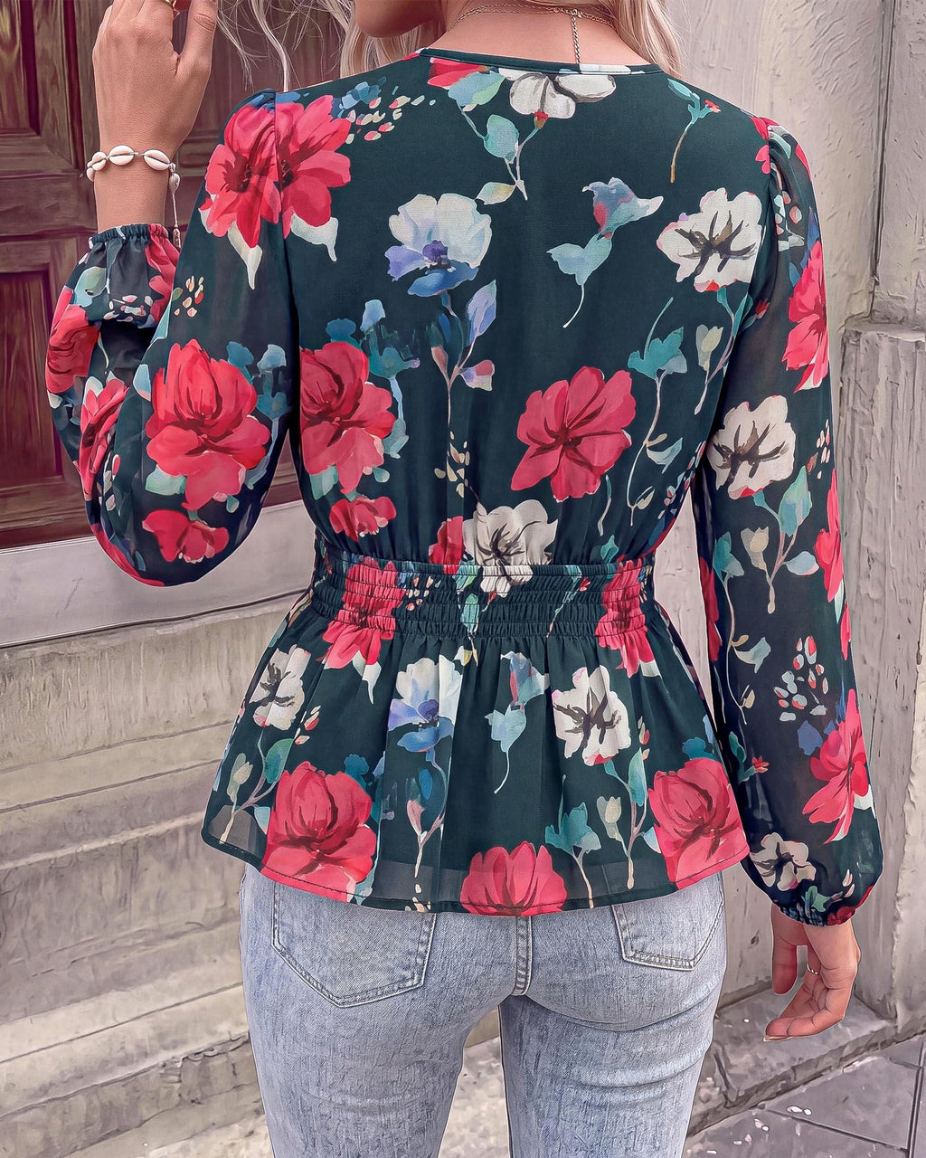 BTFBM Womens Tops Dressy Casual Floral V Neck Long Sleeve Chiffon Shirts | Chiffon Lantern Sleeve Flowy Peplum Sheer Top,Elastic Waist Babydoll Blouses,Boho Vacation Outfits,Fall Fashion Clothing