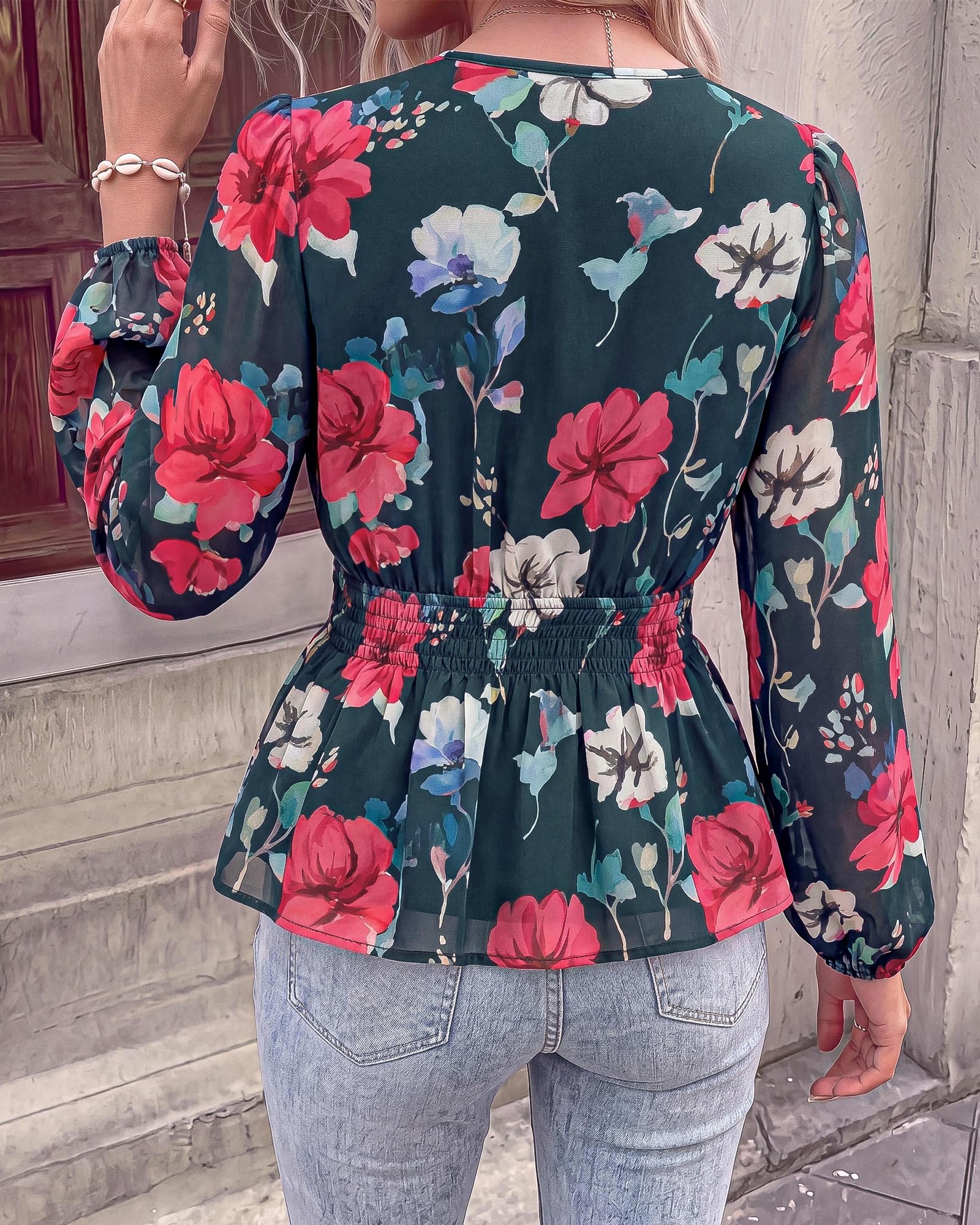 BTFBM Womens Tops Dressy Casual Floral V Neck Long Sleeve Chiffon Shirts | Chiffon Lantern Sleeve Flowy Peplum Sheer Top,Elastic Waist Babydoll Blouses,Boho Vacation Outfits,Fall Fashion Clothing
