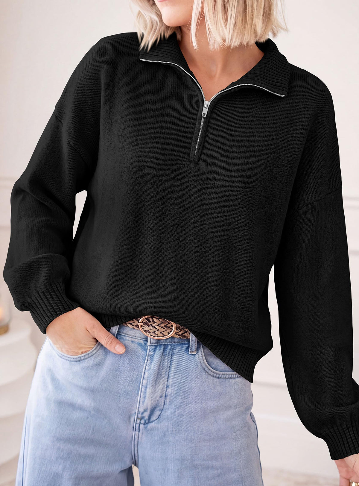 PRETTYGARDEN Women's Quarter Zip Pullover Oversized Sweaters Collared Neck, Long Balloon Sleeve, Jumper Tops, Soft Cozy Knit, Ribbed Hem, Loose Fit, Fall Outfits, Winter Fashion Clothing