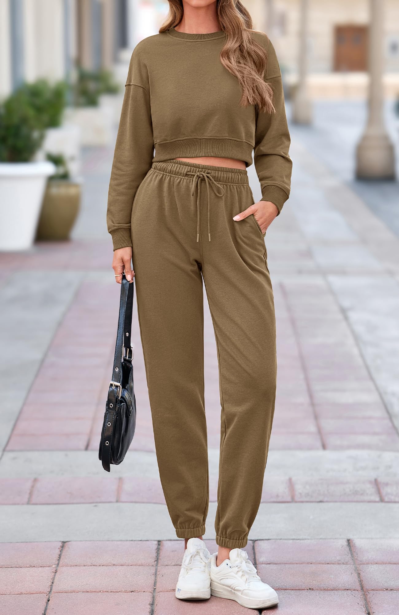 BTFBM Women 2 Piece Outfits Long Sleeve Crop Top Pullover Drawstring Pant Jogger Set Casual Sweatsuits Tracksuit Pockets