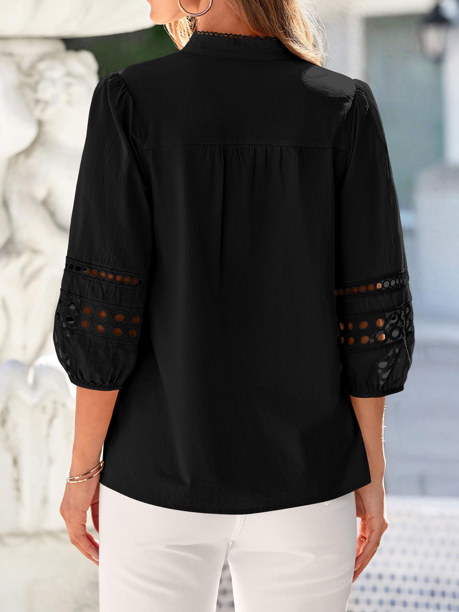 BTFBM 3/4 Length Sleeve Womens Tops Summer Blouses Eyelet Hollow Out Button Down Shirts Business Casual Outfits