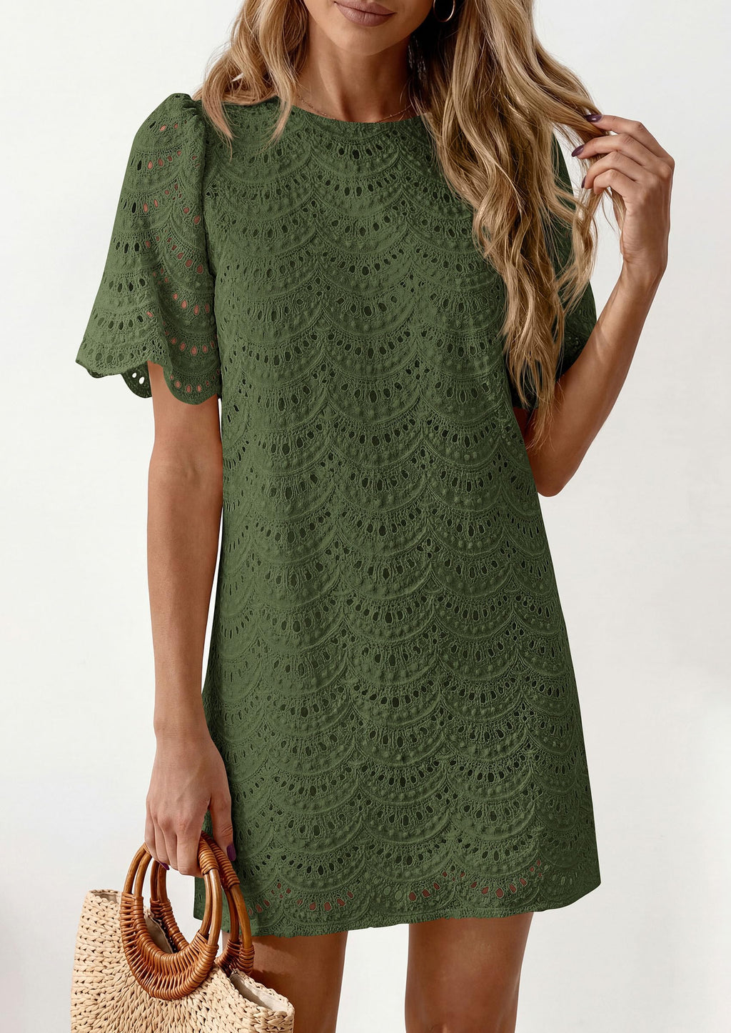PRETTYGARDEN Women's Summer Casual Short Dresses Embroidered Lace Short Sleeve Boho Mini Dress Beach Vacation Clothes
