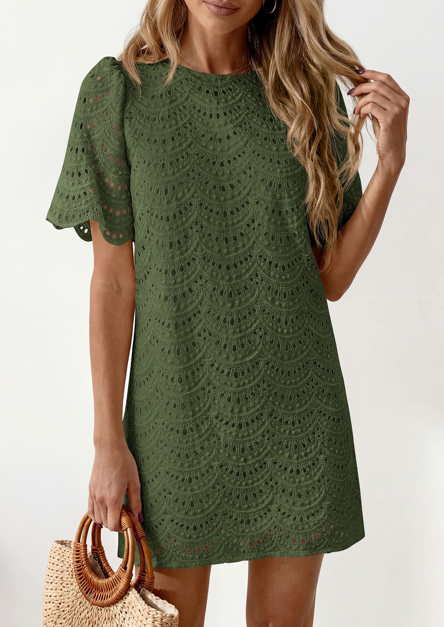 PRETTYGARDEN Women's Summer Casual Short Dresses Embroidered Lace Short Sleeve Boho Mini Dress Beach Vacation Clothes