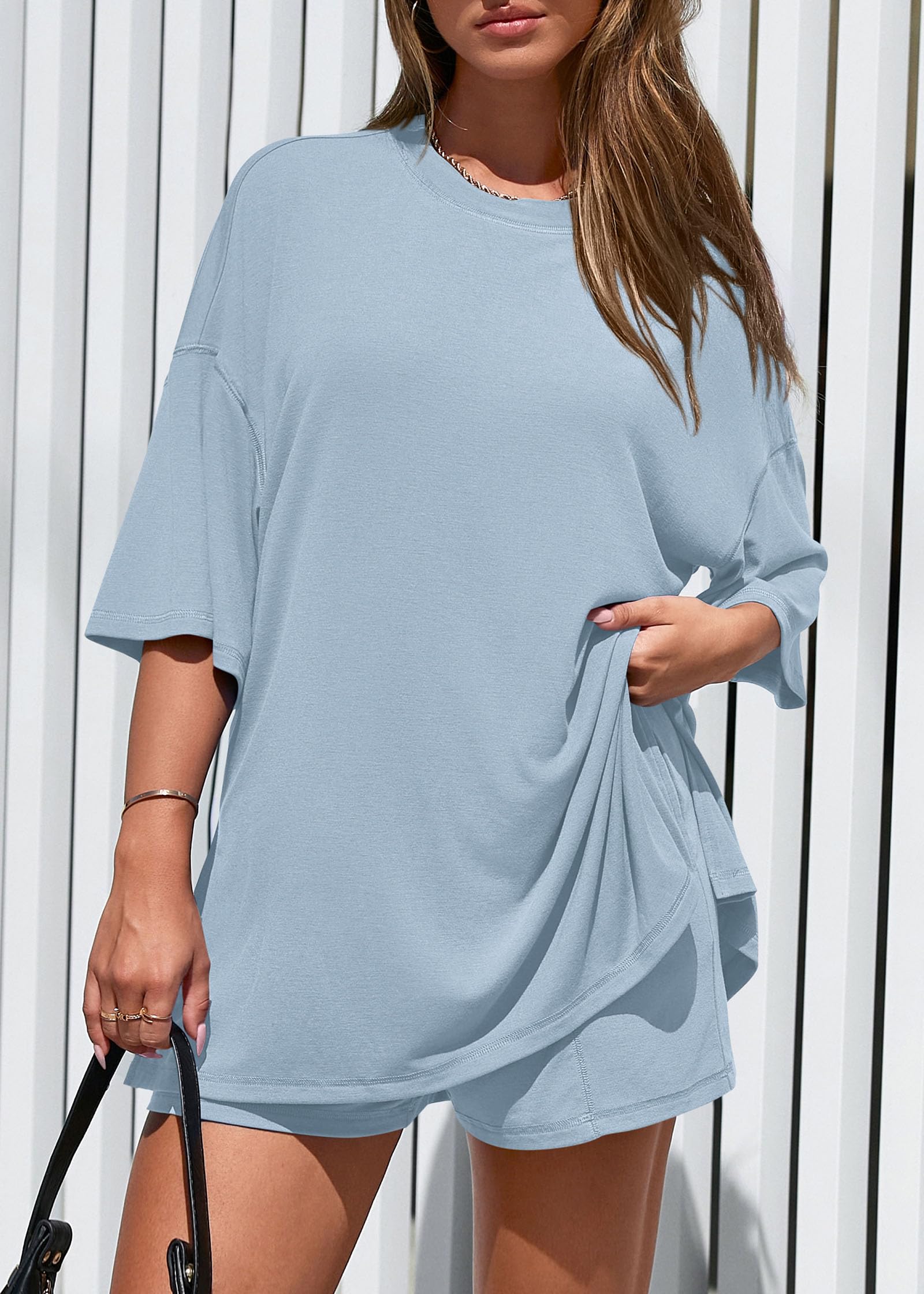 FreshPretty 2 Piece Sets for Women Summer Lounge Sets Casual Oversized Tshirts Shorts Matching Airport Travel Outfits Postpartum