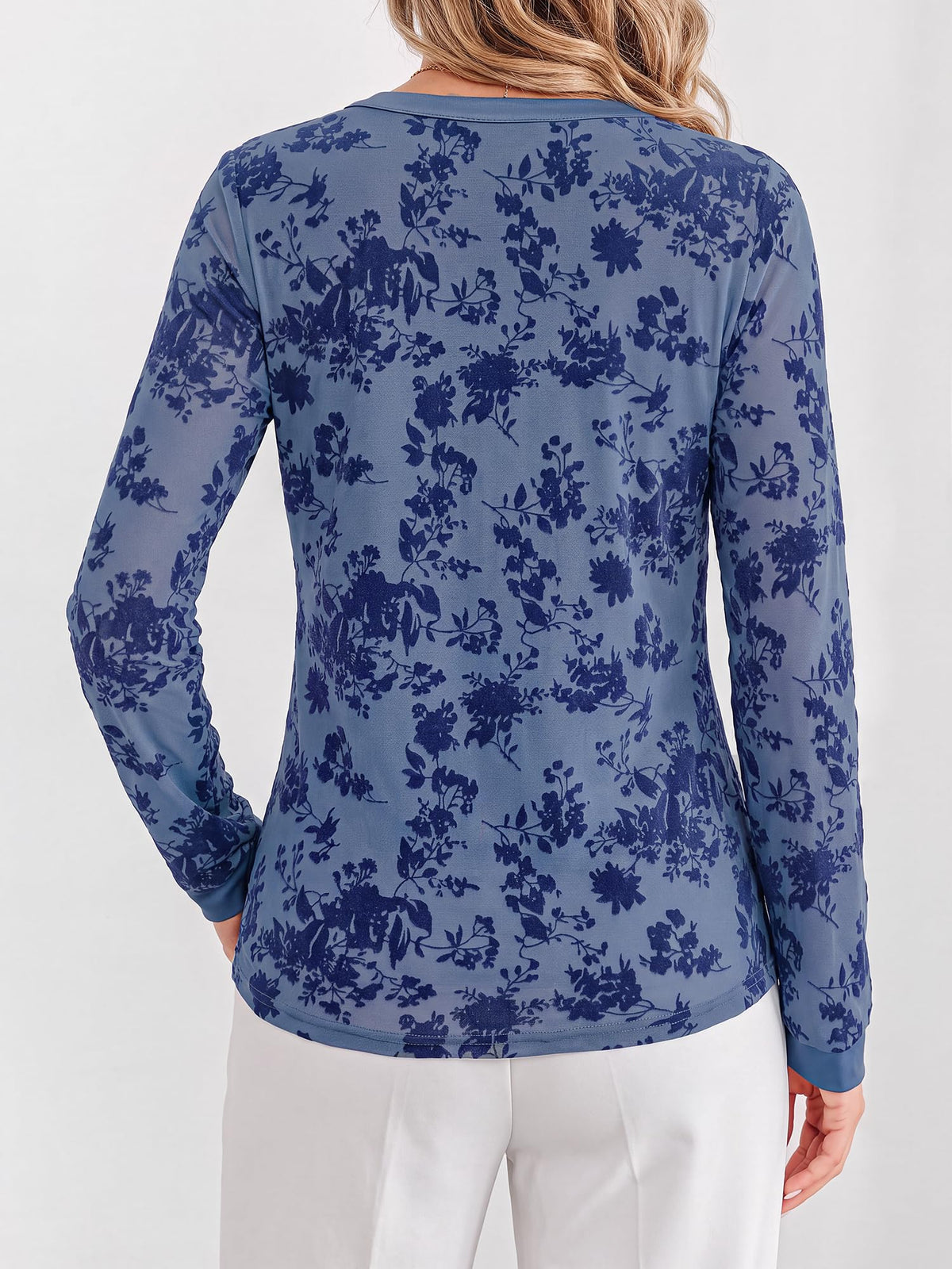 BTFBM Womens Tops Floral Sheer Mesh Long Sleeve Blouses Dressy Casual V Neck Flocked Mesh Shirts,Velvet-Like Flowers,Double Layered,Loose Fit Tunics,Business Casual Top,Fall Fashion Clothing