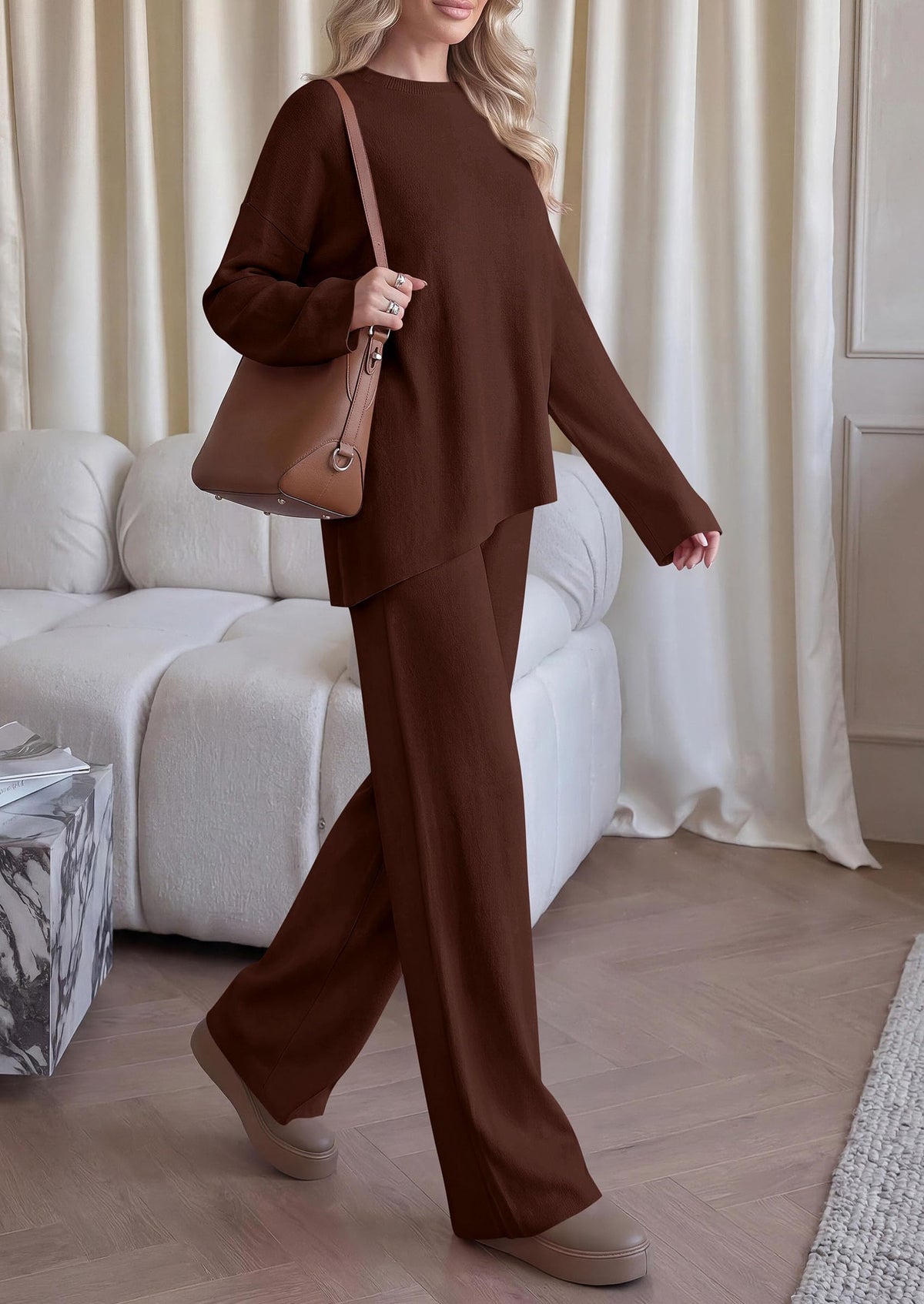 PRETTYGARDEN Womens Fall 2 Piece Asymmetric Cozy Sweater Travel Lounge Sets Crewneck Drop Shoulder Tops, Wide Leg Pants, Soft Casual Knit Matching Set,Vacation Airport Holiday Outfits