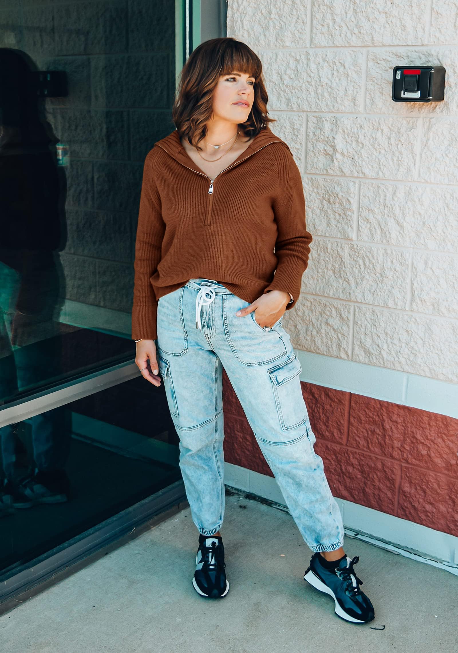 FreshPretty Womens Sweaters Quarter Zip Pullover V Neck Collar Long Sleeve Ribbed Knit Loose Casual Winter Fall Sweater