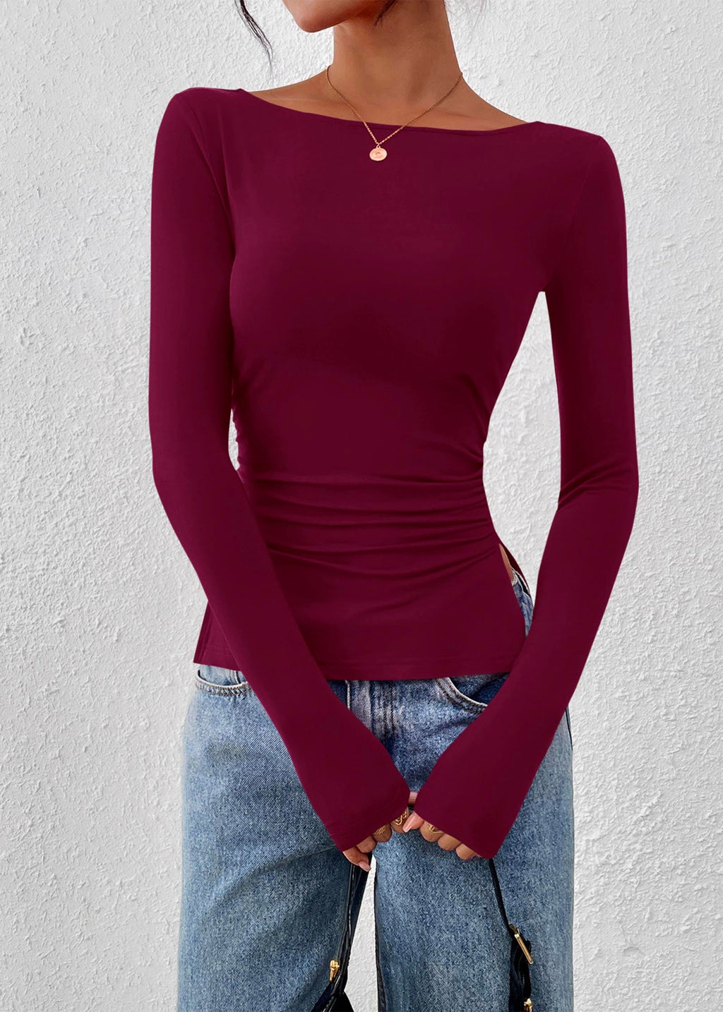 FreshPretty Long Sleeve Shirts for Women Fall Casual Boat Neck Knit Workout Going Out Tops Fitted Side Slit Basic Tees
