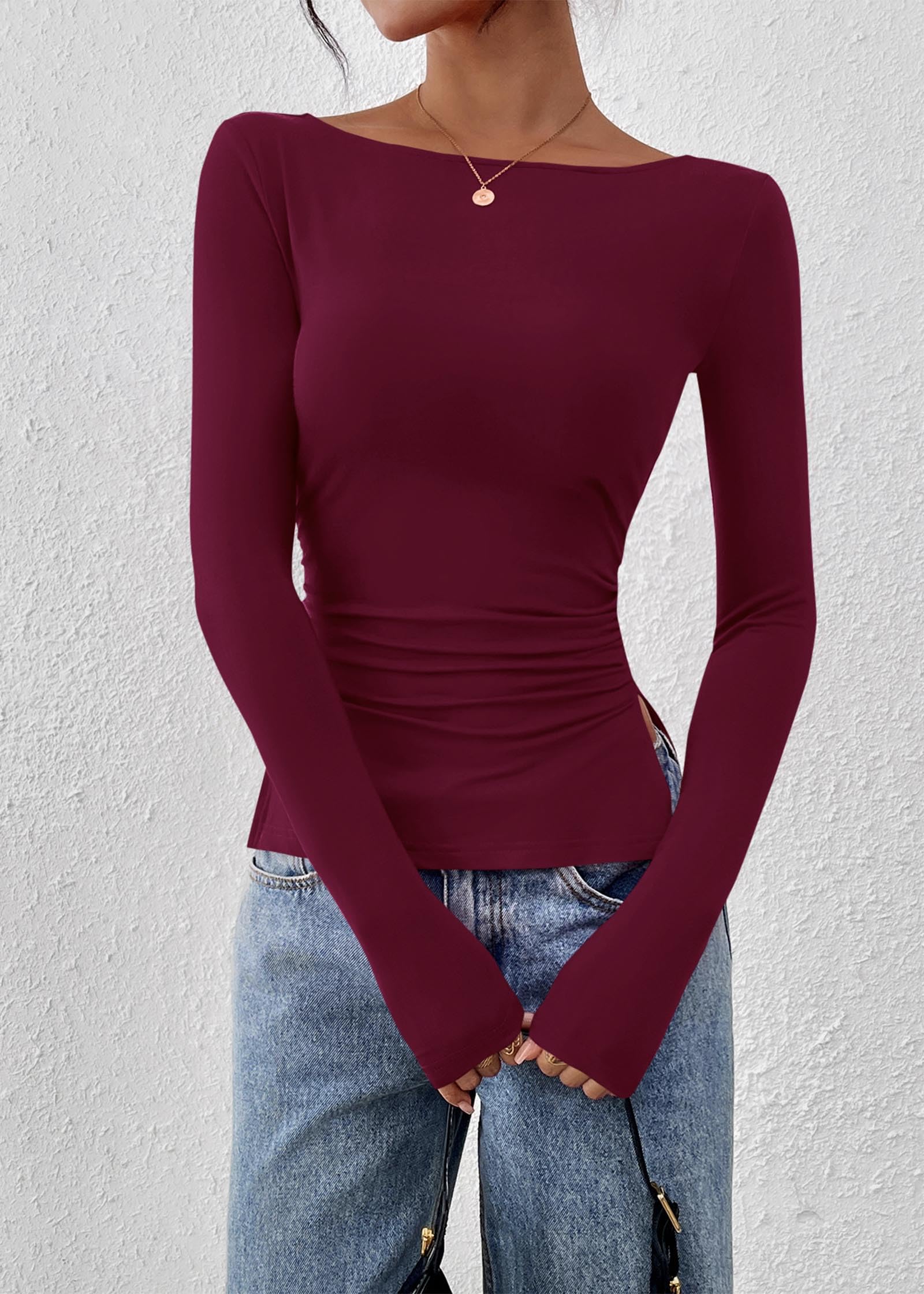 FreshPretty Long Sleeve Shirts for Women Fall Casual Boat Neck Knit Workout Going Out Tops Fitted Side Slit Basic Tees