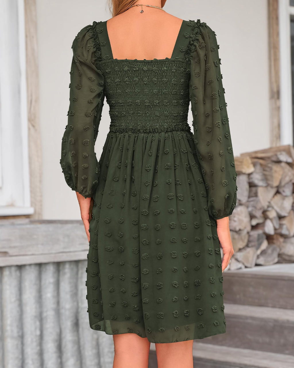 BTFBM Womens Long Sleeve Dress Summer Vacation Square Neck Smocked Floral Mini Boho Spring Wedding Guest Dresses