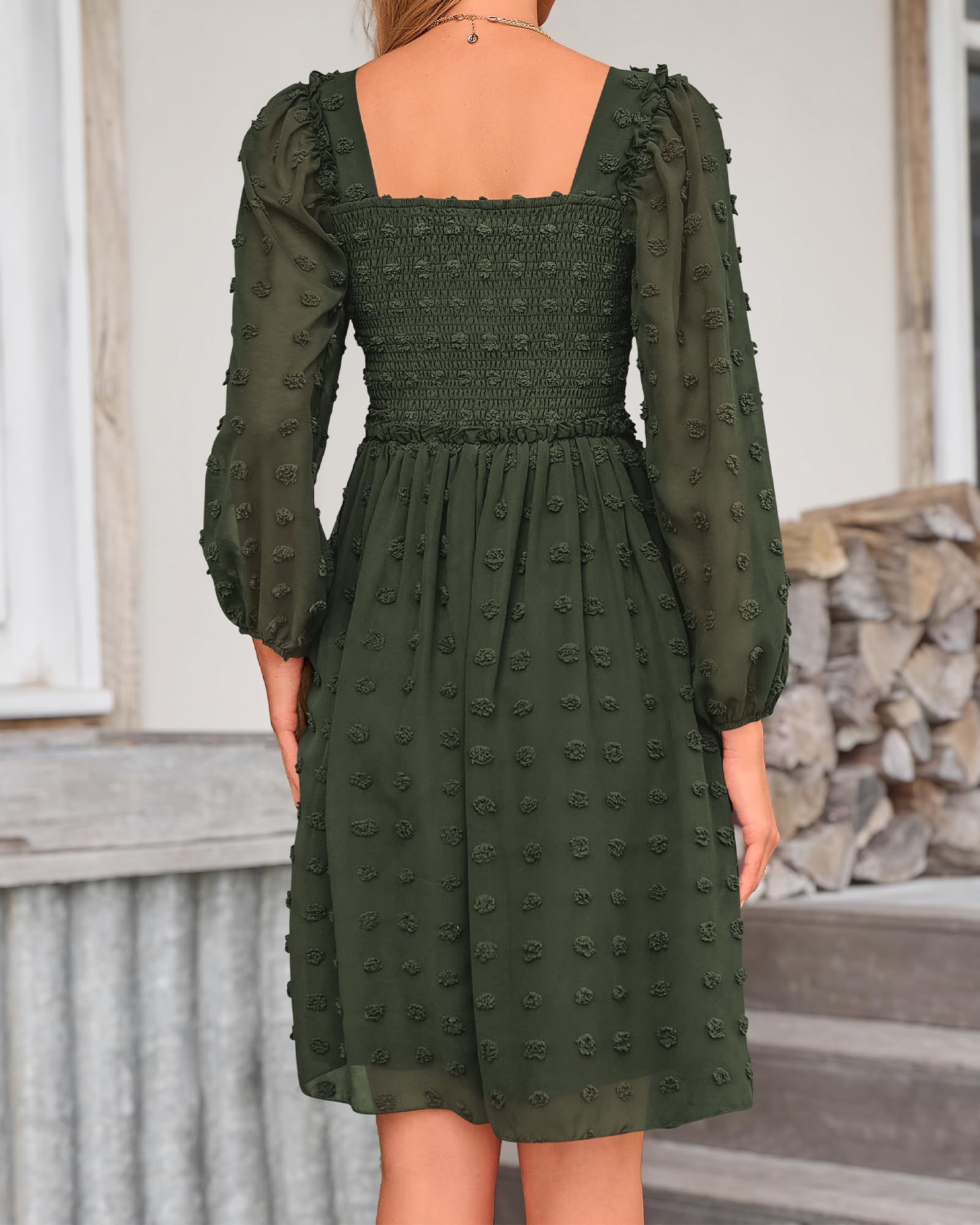 BTFBM Womens Long Sleeve Dress Summer Vacation Square Neck Smocked Floral Mini Boho Spring Wedding Guest Dresses