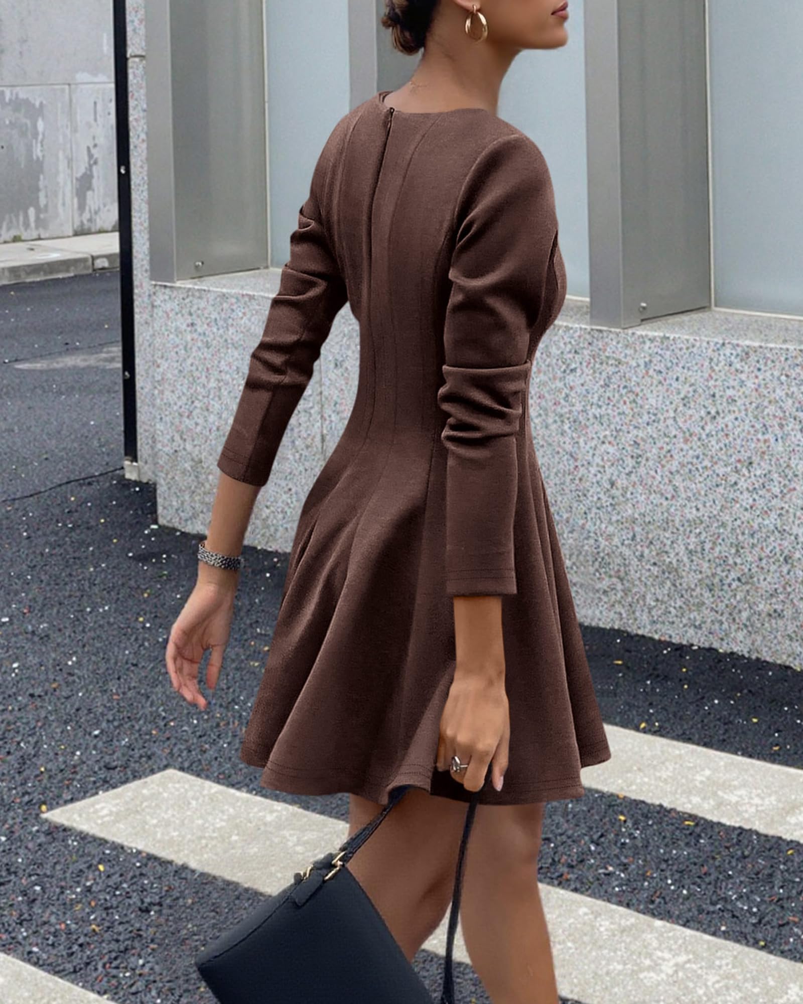 BTFBM Spring Dresses for Women Long Sleeve High Waist Pleated Flowy A Line Party Wedding Guest Dress Business Casual