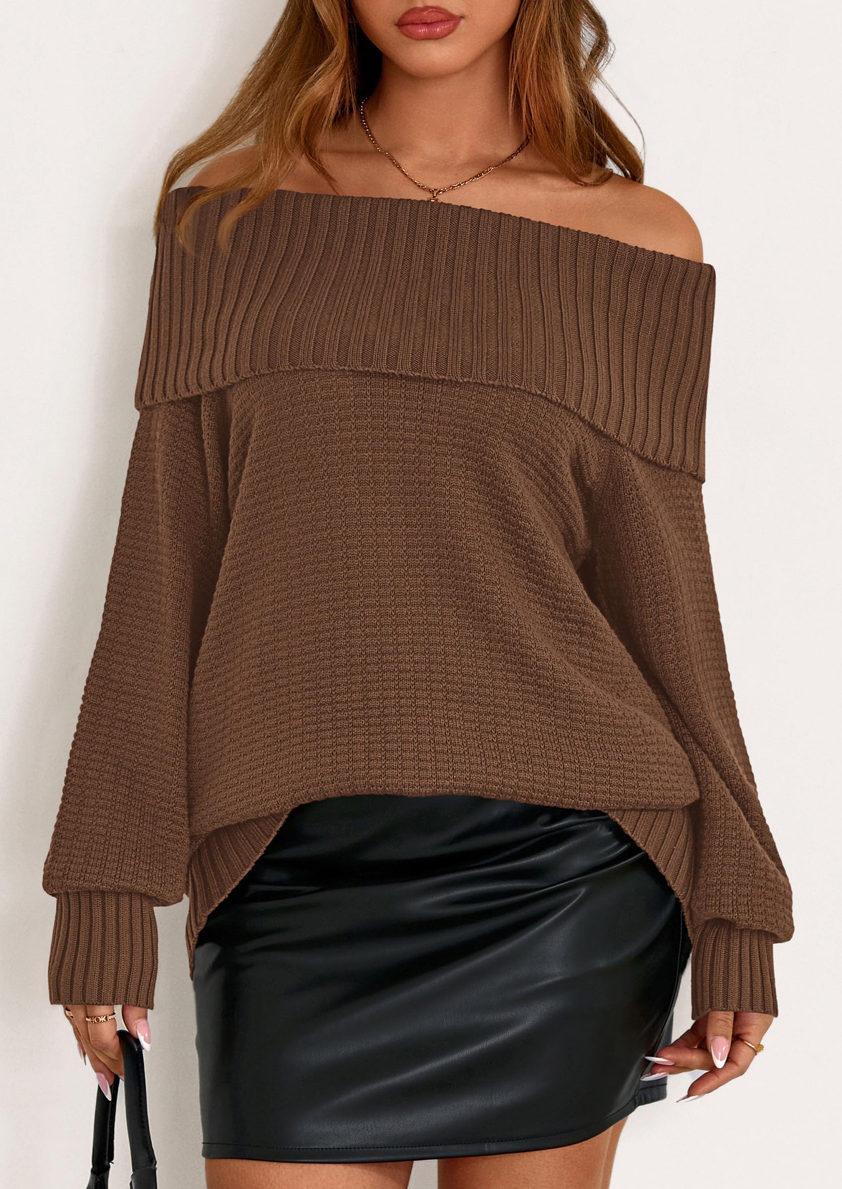 PRETTYGARDEN Womens Off The Shoulder Sweater Long Sleeve Tops Loose Knit Pullover Sweaters Fashion Fall Clothes