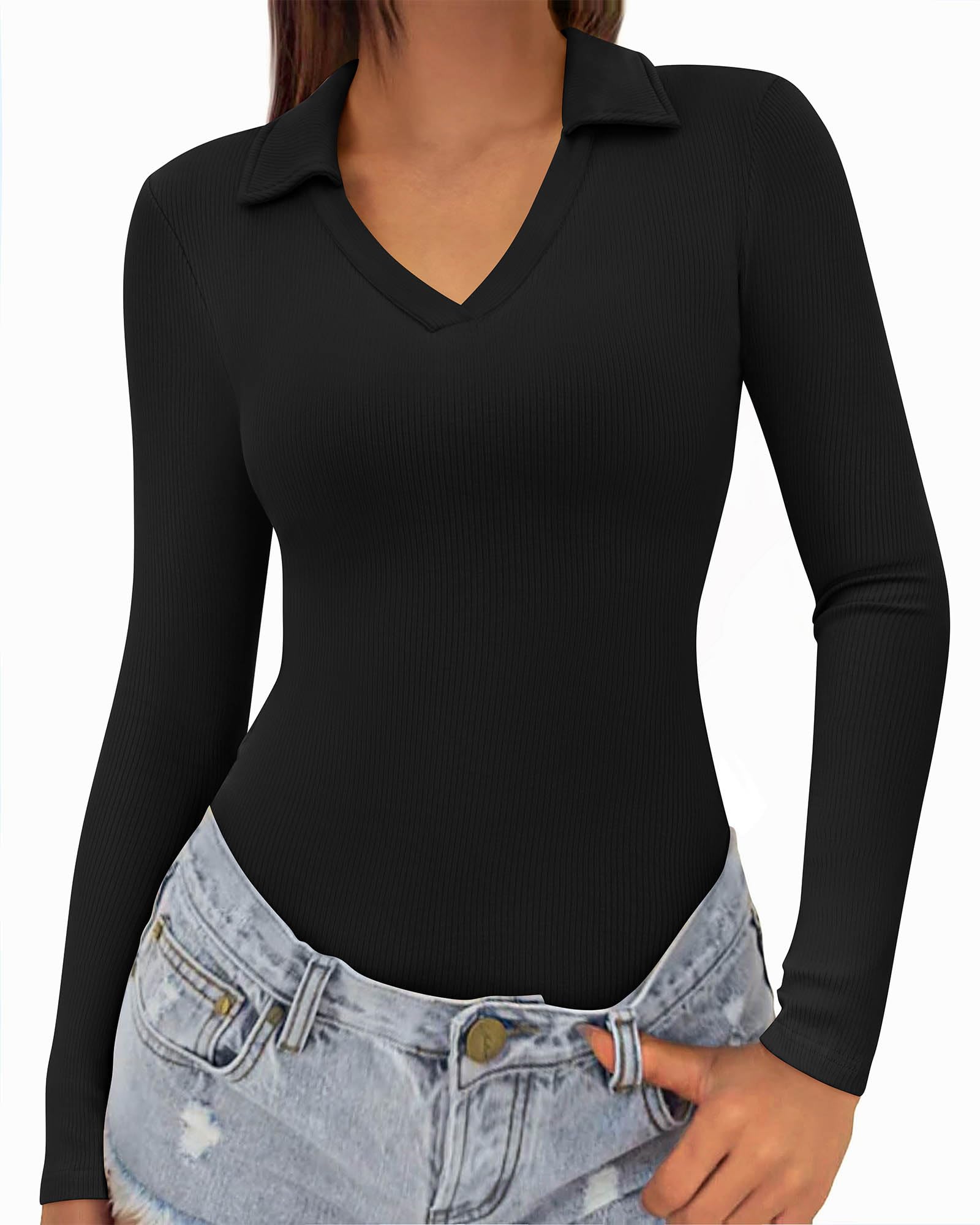 FreshPretty Polo Shirts for Women Long Sleeve Business Casual Tops Spring Fall Ribbed Knit Collared V Neck Slim Work Blouses