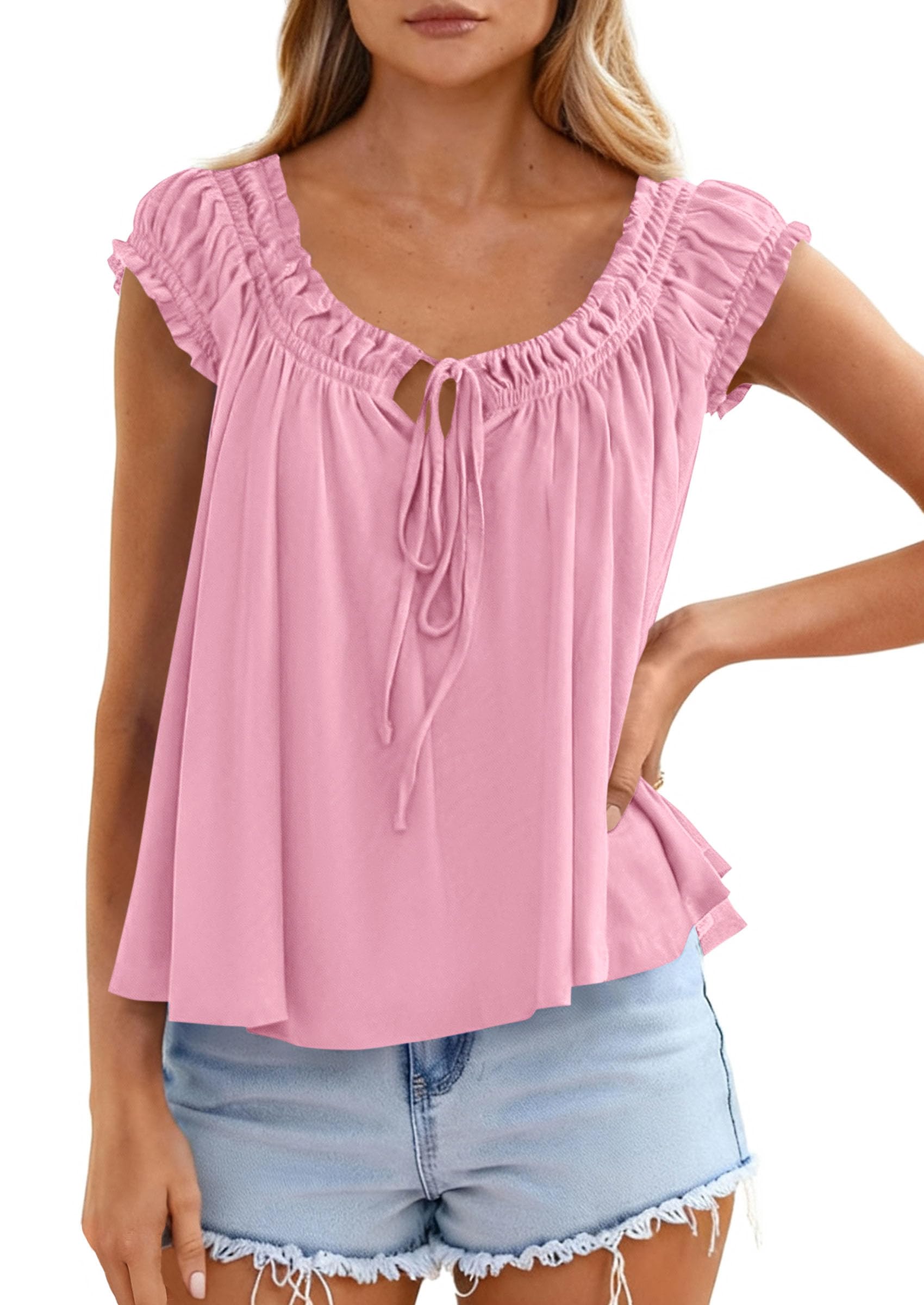 PRETTYGARDEN Women Babydoll Tops Summer Clothes Cap Sleeve Tie Front Flowy Tank Top Peplum Blouses Cute Going Out Shirts