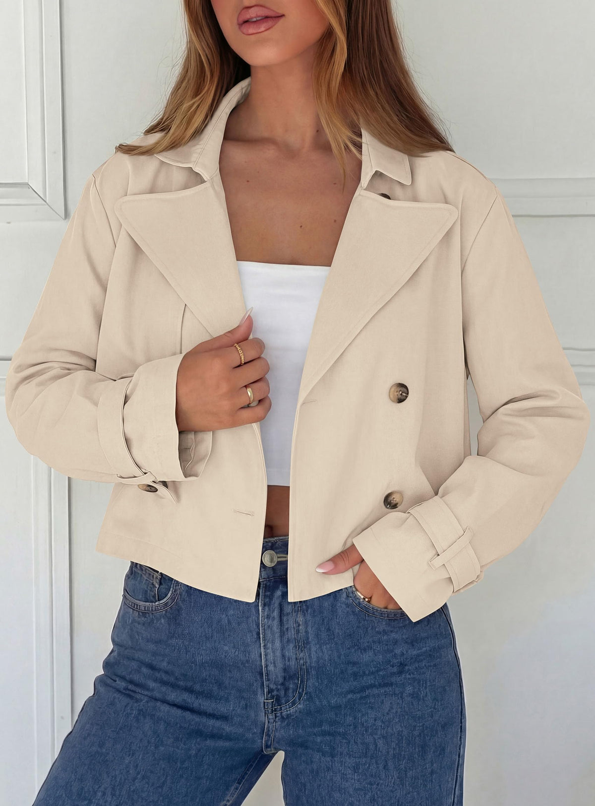 PRETTYGARDEN Cropped Trench Coat For Women Short Jacket,Soft Lightweight Coats, Lapel Double Breasted, Long Sleeve Loose Fit, Casual Work Office Jackets, Fall Winter Outwear
