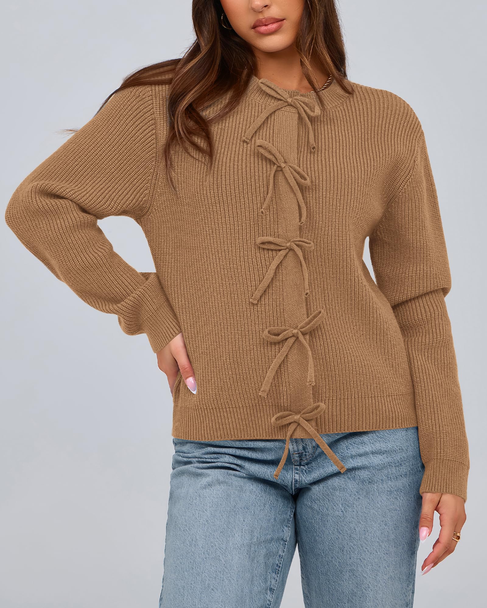 BTFBM Bow Cropped Cardigan Sweaters for Women Fall Winter Open Front Sweater Long Sleeve Button Fashion Spring Clothes