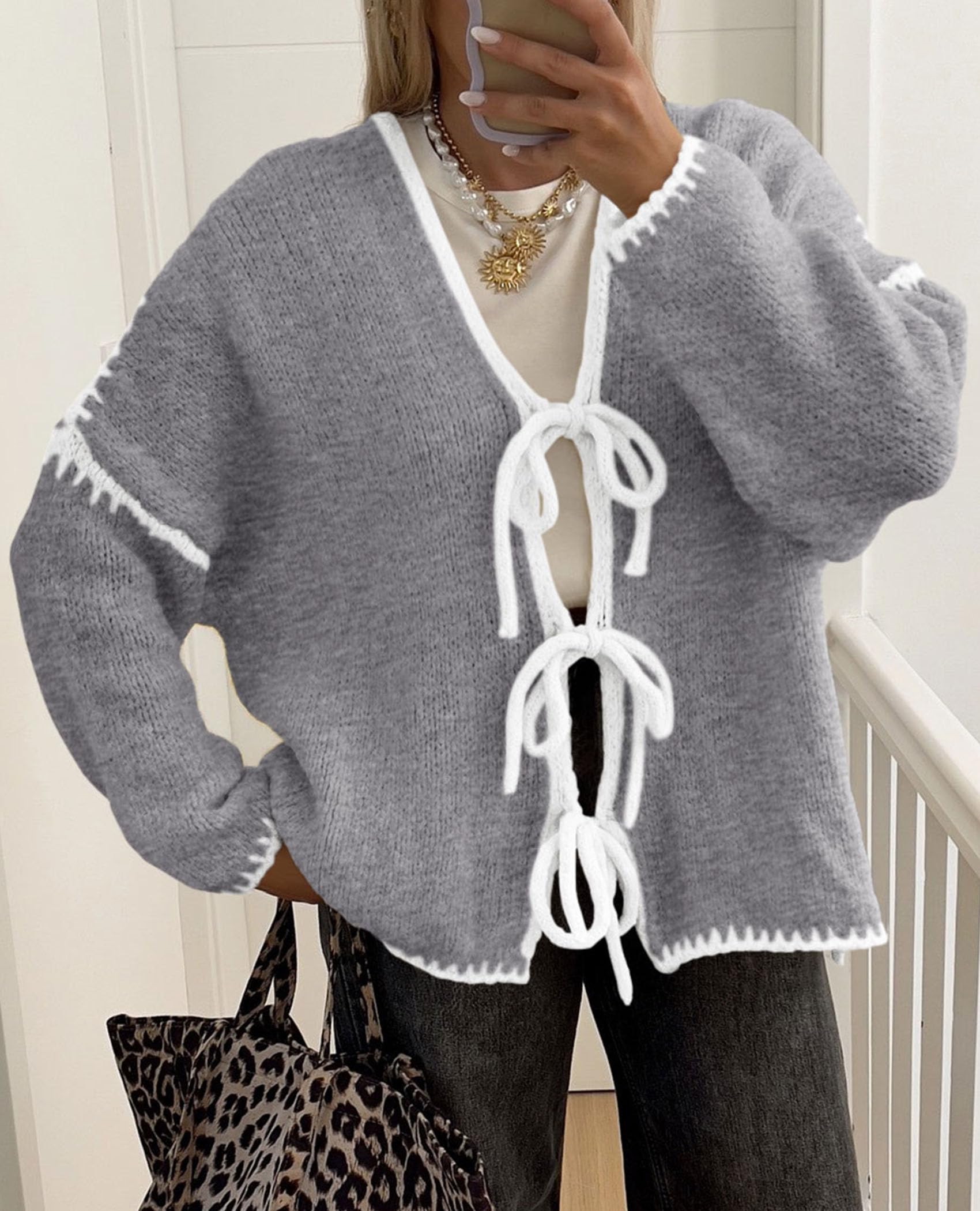 PRETTYGARDEN Women's Tie Front Bow Cardigan Sweaters Chunky Knit Long Puff Sleeve Trendy Fall Winter Jacket Coat