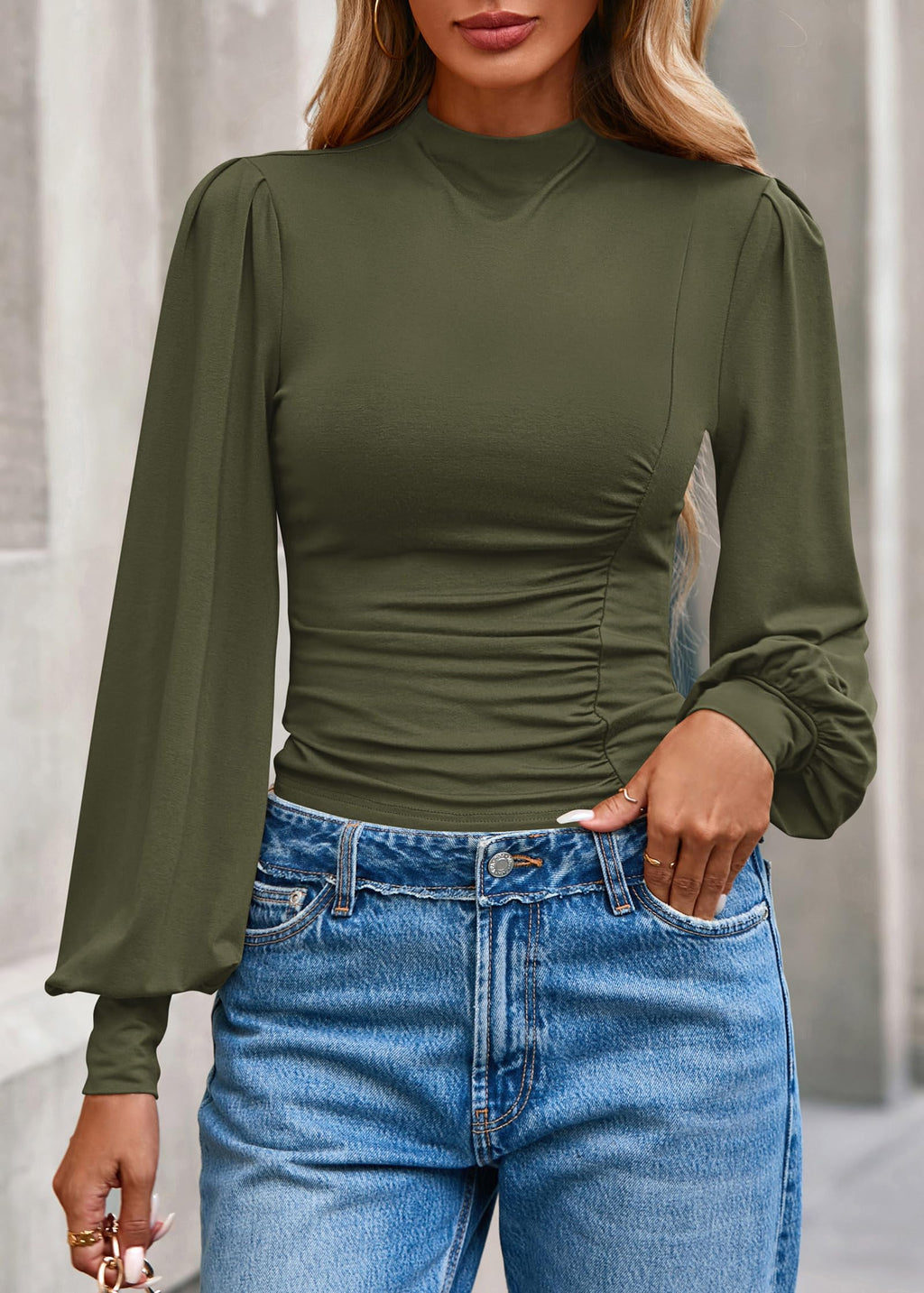 FreshPretty Blouses for Women Dressy Casual Spring Tops Fall Puff Long Sleeve Shirts Fitted Mock Neck Ruched Trendy Tops