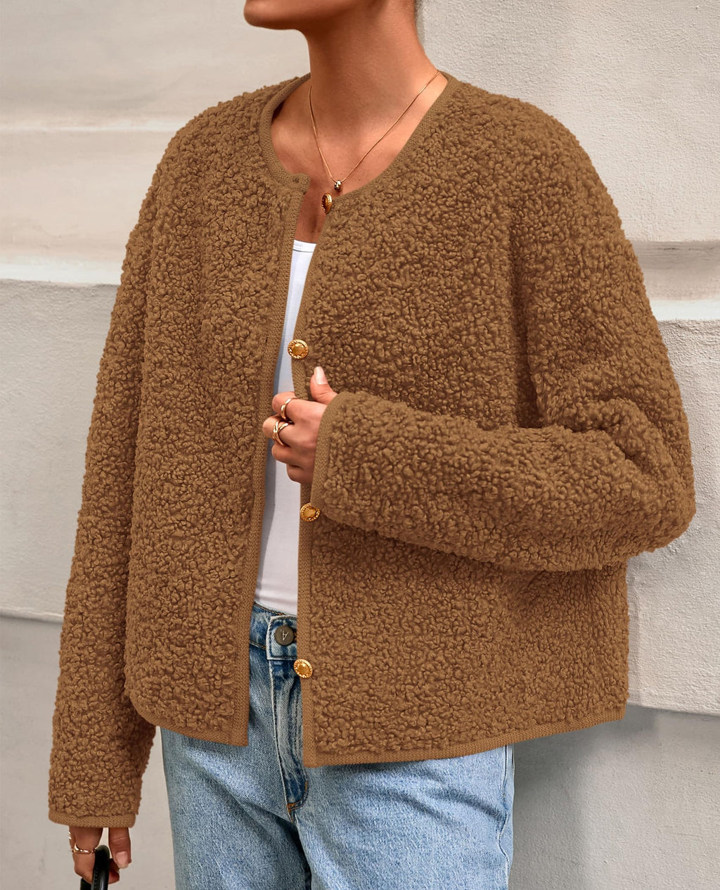 PRETTYGARDEN Women's Fall Fashion Clothes Trendy Fleece Sherpa Cropped Jackets Buttons Warm Casual Winter Faux Fur Coats