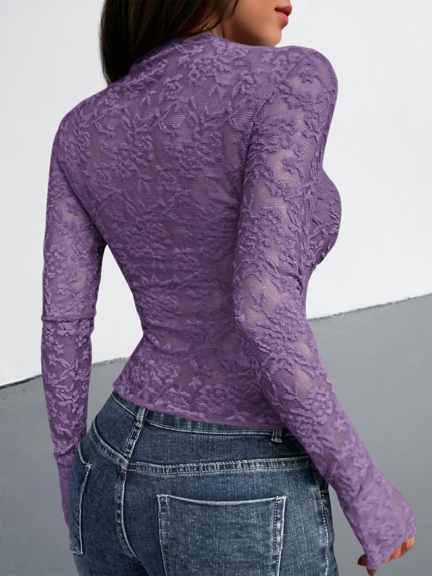 BTFBM Mesh Long Sleeve Tops for Women Lace Sheer Tight See Through Crew Neck Spring Fall Party Club Outfits