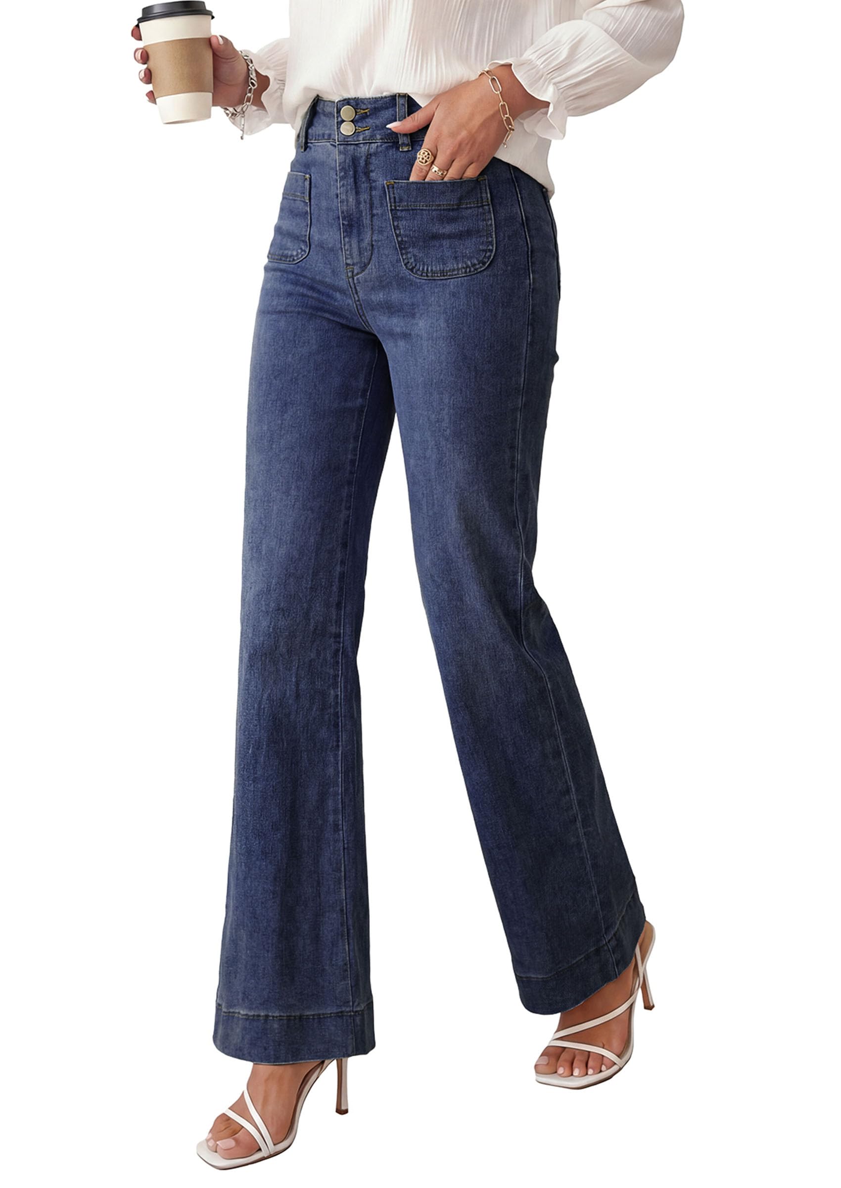 PRETTYGARDEN Womens Wide Leg Jeans High Waisted Stretchy | High Rise Flare Jeans with Front Patch Pockets, Loose Fit Daily Wear Denim, Trendy Office Work Pants, Business Casual Outfits