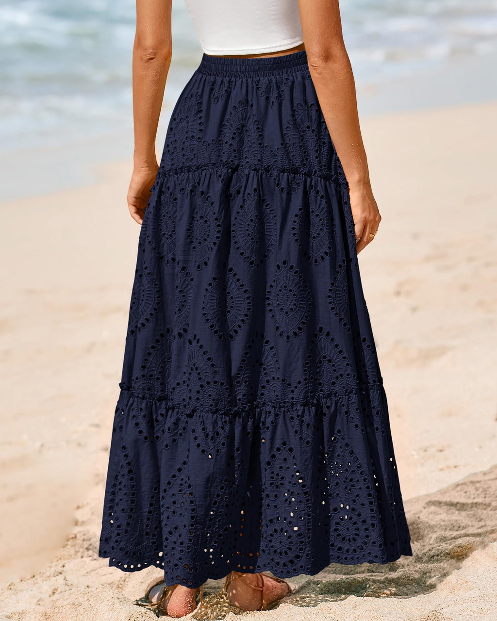 BTFBM Long Skirts for Women Summer Boho Lace Embroidery High Waist Flowy Tiered Spring Maxi Skirt Beach Vacation