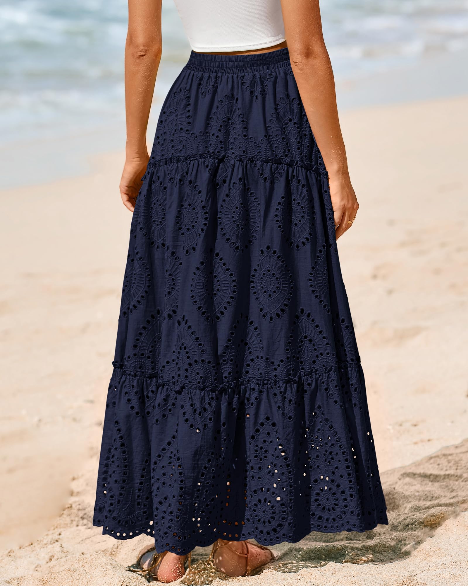BTFBM Long Skirts for Women Summer Boho Lace Embroidery High Waist Flowy Tiered Spring Maxi Skirt Beach Vacation
