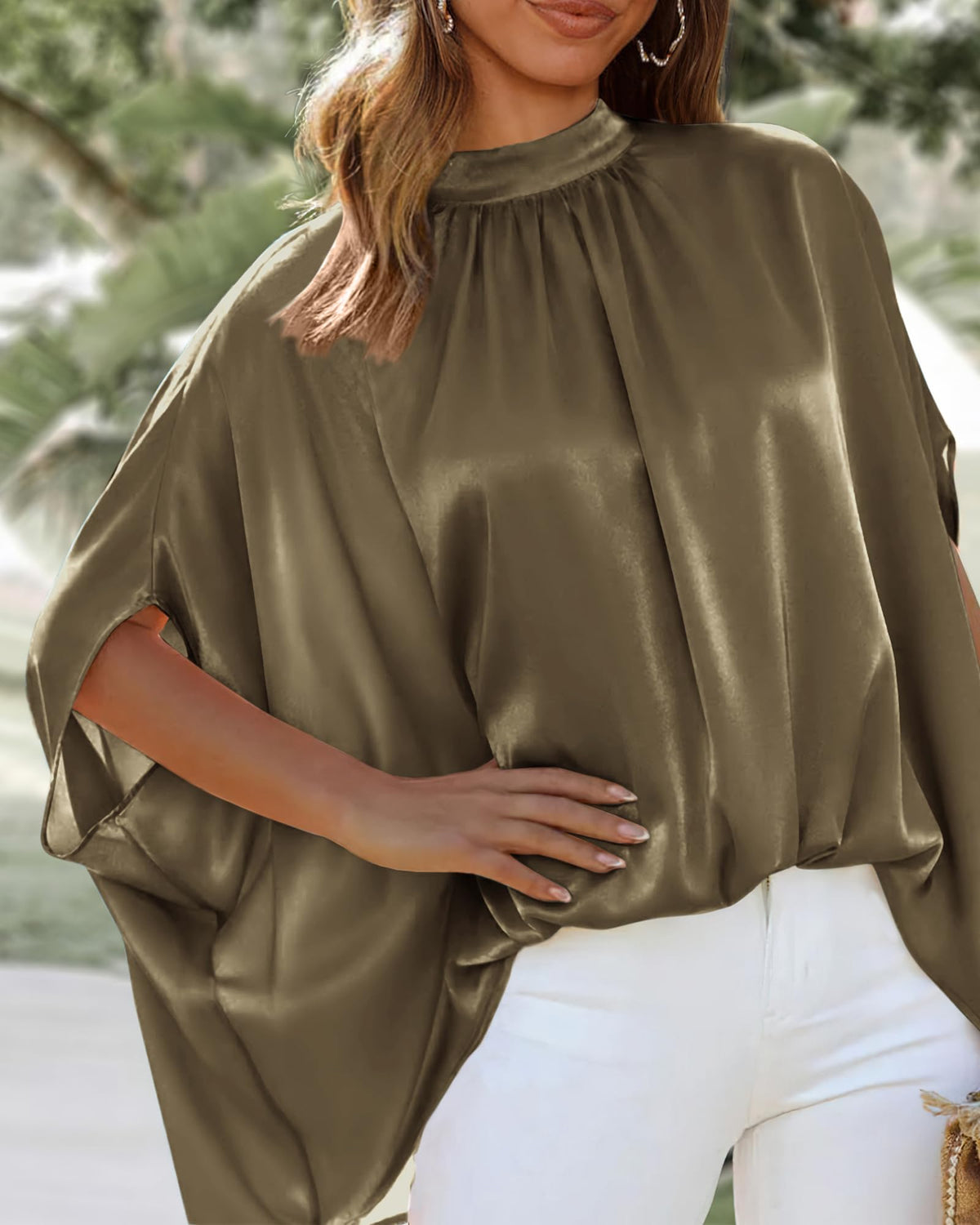 BTFBM Womens Summer Tops Mock Neck Batwing Sleeve Silk Satin Shirts Loose Oversized Dressy Casual Spring Blouses