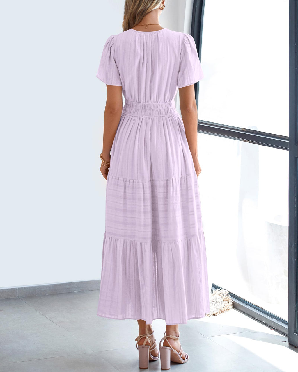 BTFBM Womens Summer Casual Midi Maxi Dresses Lightweight Short Sleeve V Neck Elastic Waist Boho Beach Dress Pockets