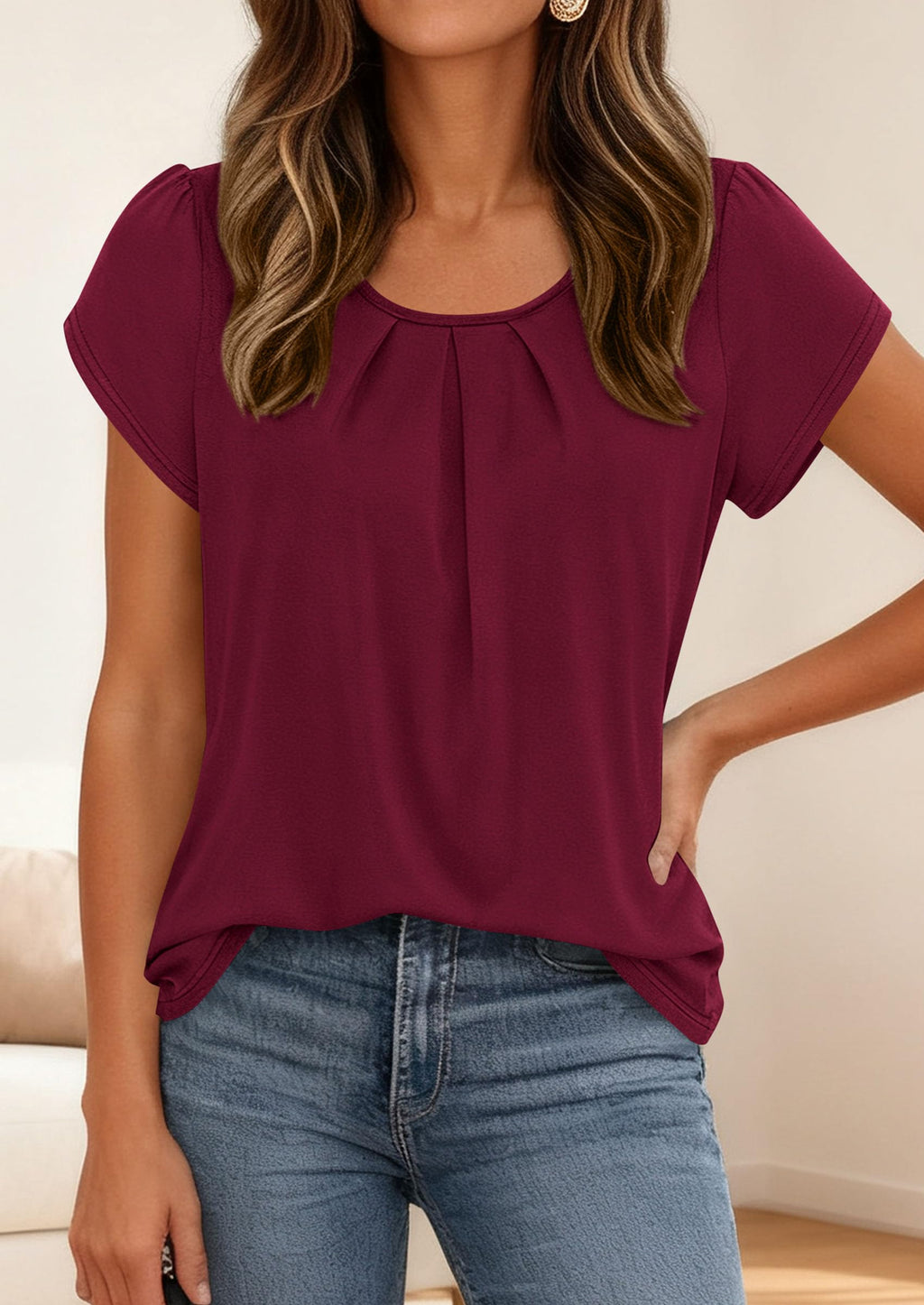 PRETTYGARDEN Womens Tops Dressy Casual Summer Short Sleeve Blouses Crew Neck Pleated Basic T Shirts Spring Clothes
