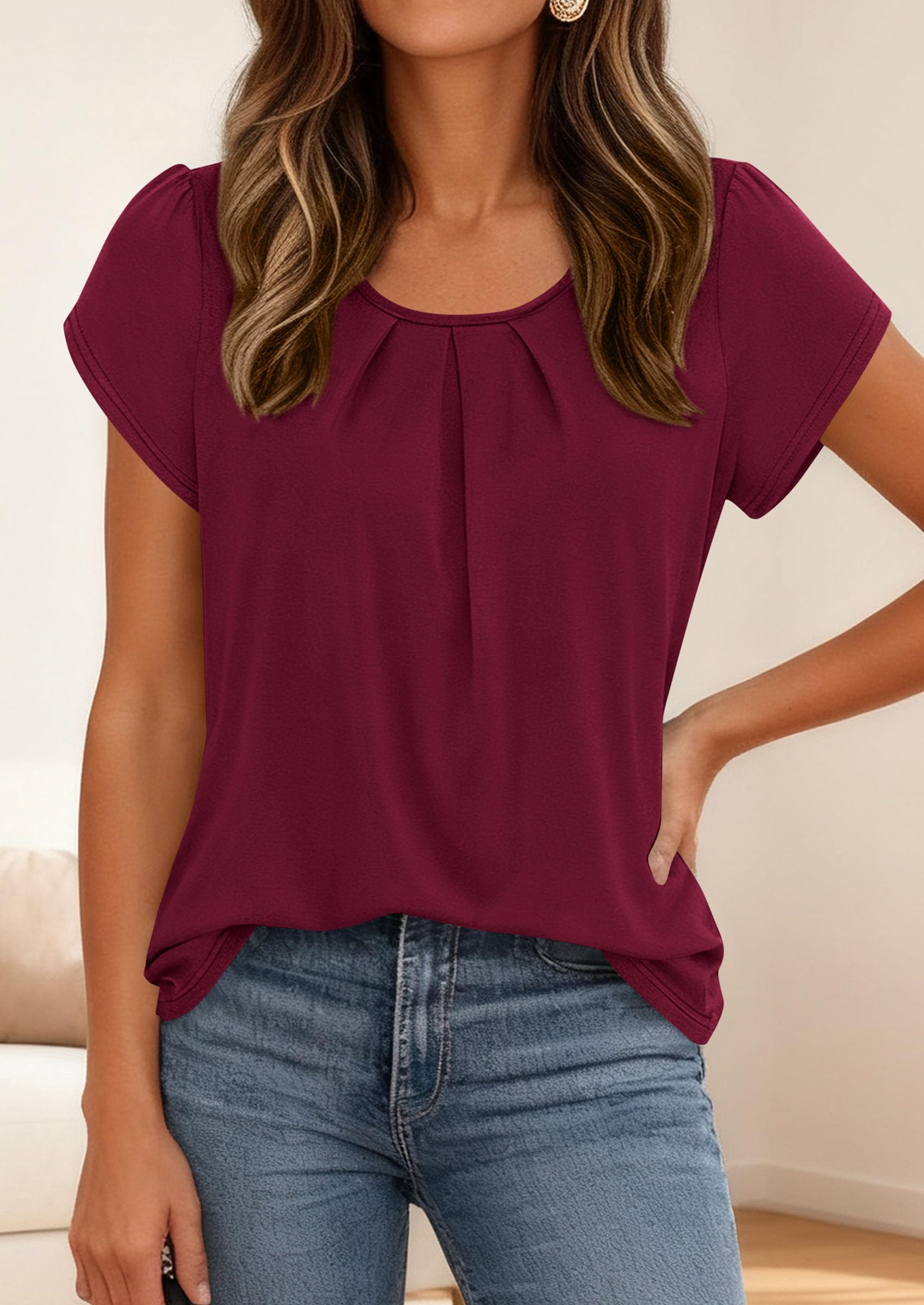 PRETTYGARDEN Womens Tops Dressy Casual Summer Short Sleeve Blouses Crew Neck Pleated Basic T Shirts Spring Clothes
