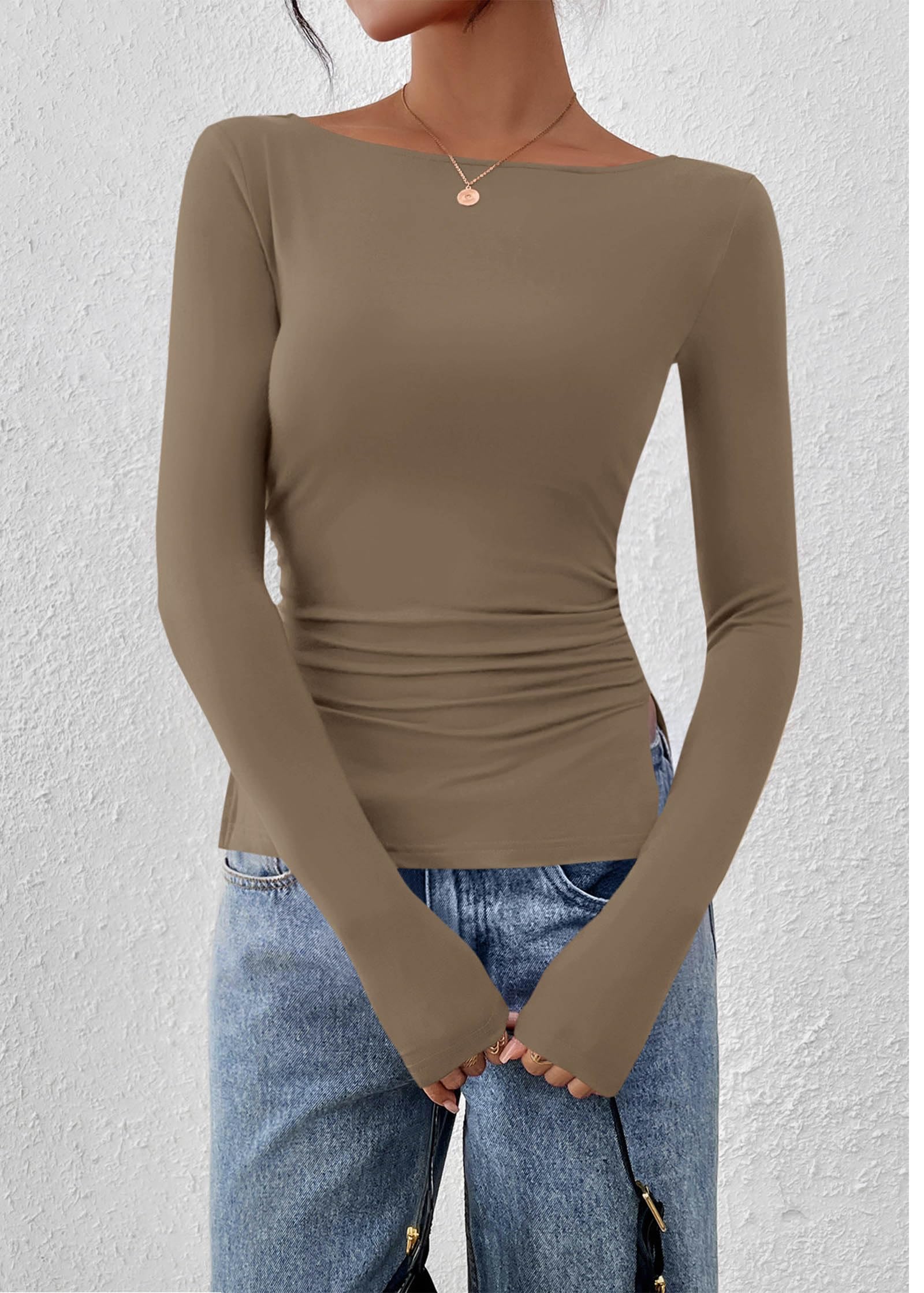 FreshPretty Long Sleeve Shirts for Women Fall Casual Boat Neck Knit Workout Going Out Tops Fitted Side Slit Basic Tees