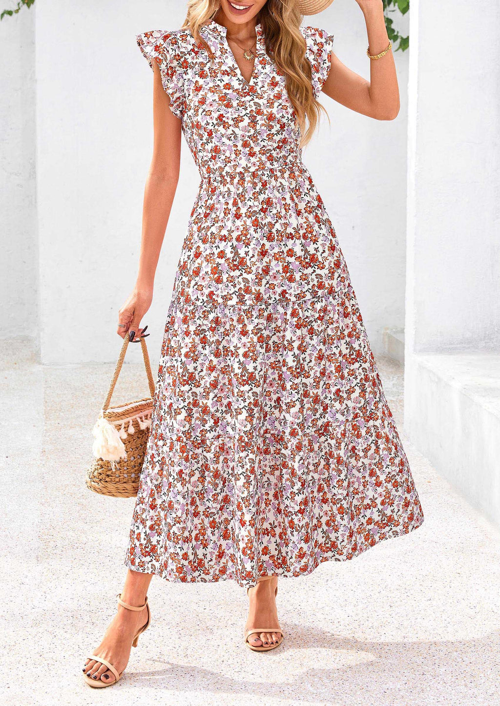 Visit the PRETTYGARDEN Store PRETTYGARDEN Women's Summer Floral Midi Dress Cap Sleeve V Neck Ruffle Long Flowy Boho Casual Beach Vacation Dresses
