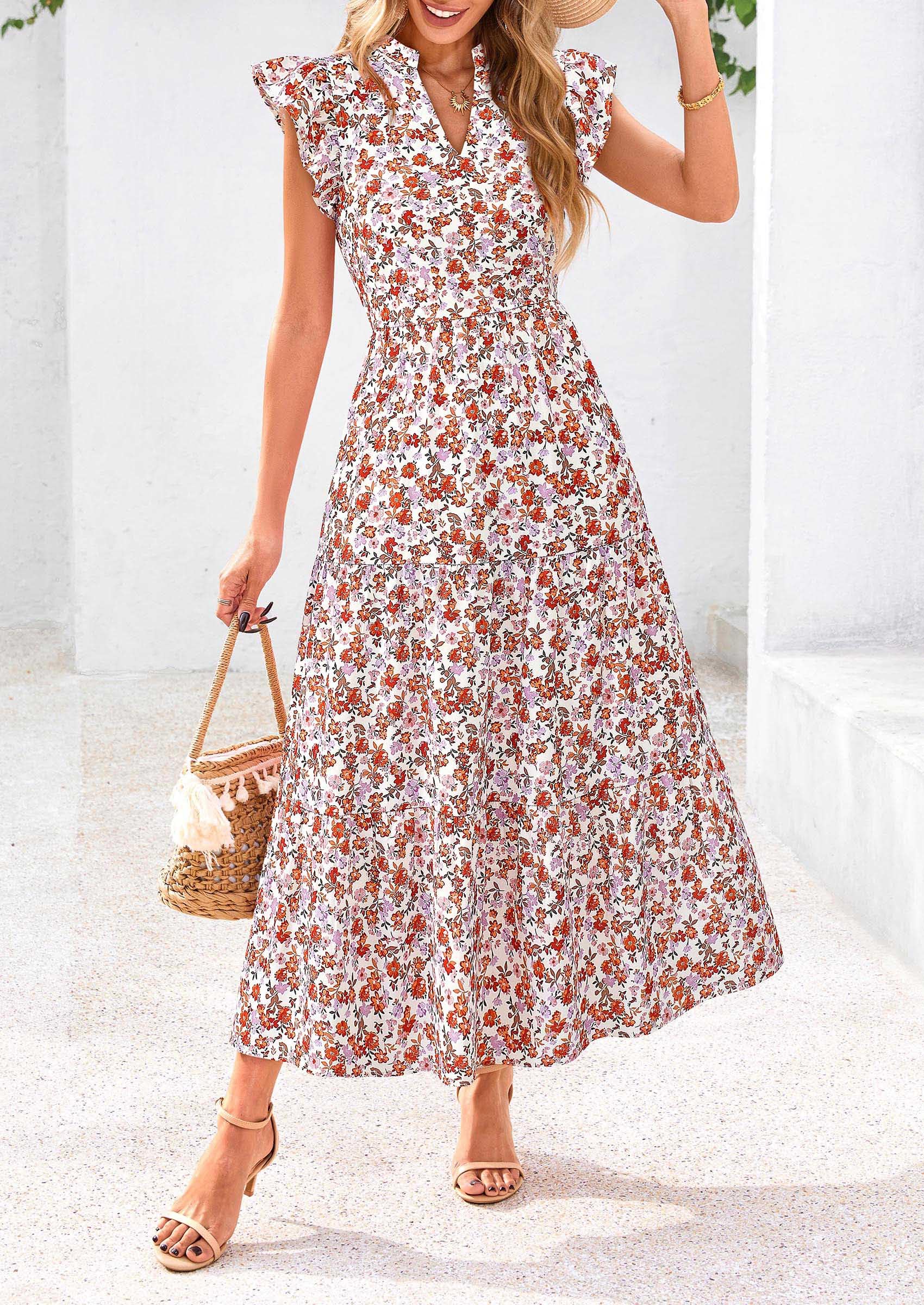 Visit the PRETTYGARDEN Store PRETTYGARDEN Women's Summer Floral Midi Dress Cap Sleeve V Neck Ruffle Long Flowy Boho Casual Beach Vacation Dresses