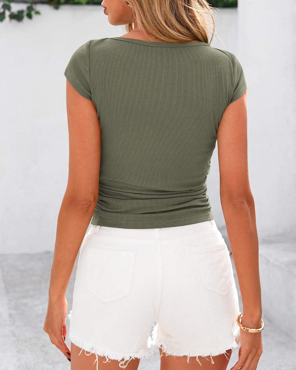 FreshPretty Womens Summer Tops Ribbed T Shirts Crew Neck Short Sleeve Stretchy Ruched Slim Fit Workout Going Out Top