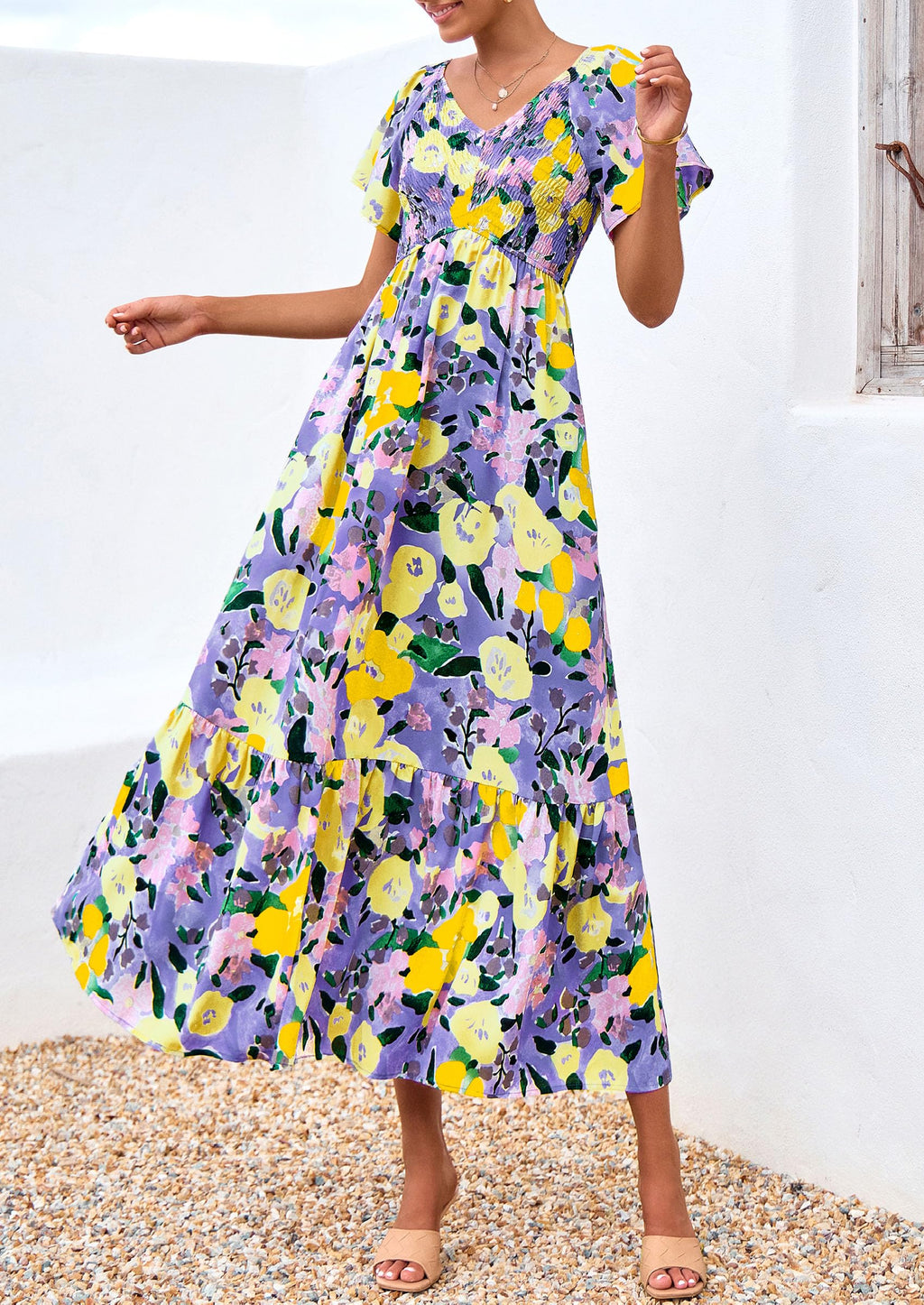 PRETTYGARDEN Boho Dresses for Women Summer Floral Short Sleeve V Neck Smocked Flowy Beach Vacation Maxi Dress
