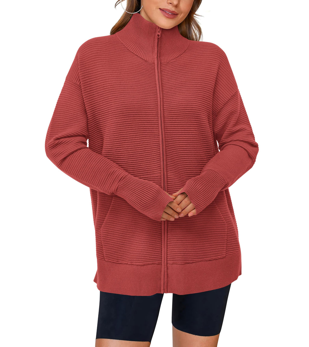 PRETTYGARDEN Womens Fall Long Sleeve Zip Up Cardigan Sweaters Casual Loose Collared Ribbed Knit Tops Jackets Thumb Hole