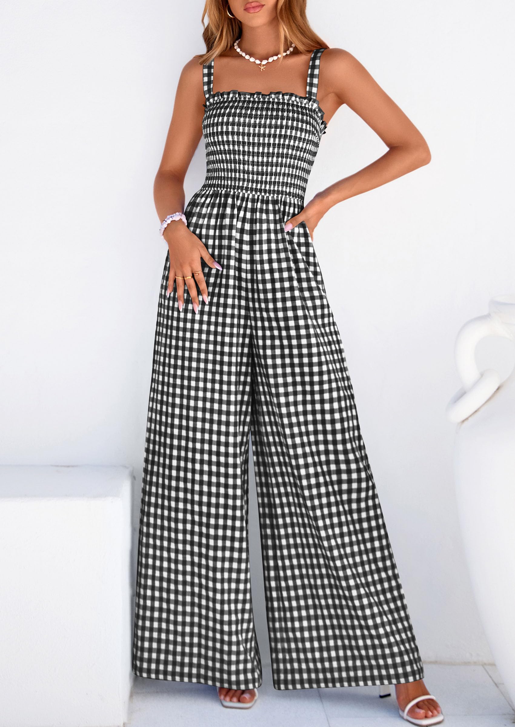 PRETTYGARDEN One Piece Jumpsuits for Women Casual Summer Cruise Outfits  Spring Fashion Smocked Wide Leg Gingham Rompers