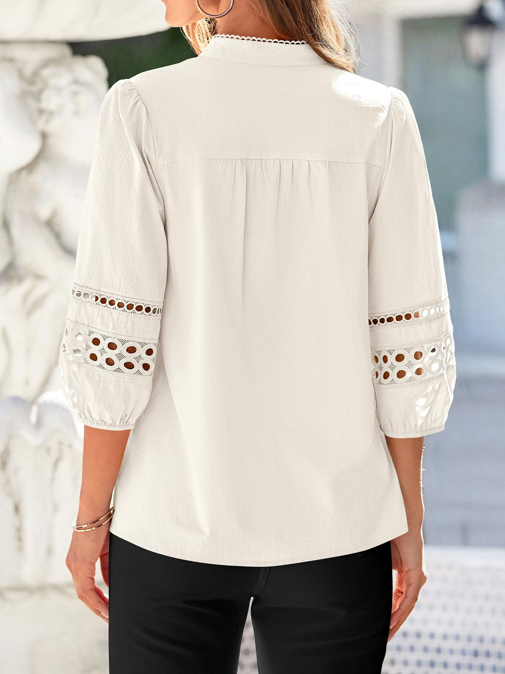 BTFBM 3/4 Length Sleeve Womens Tops Summer Blouses Eyelet Hollow Out Button Down Shirts Business Casual Outfits