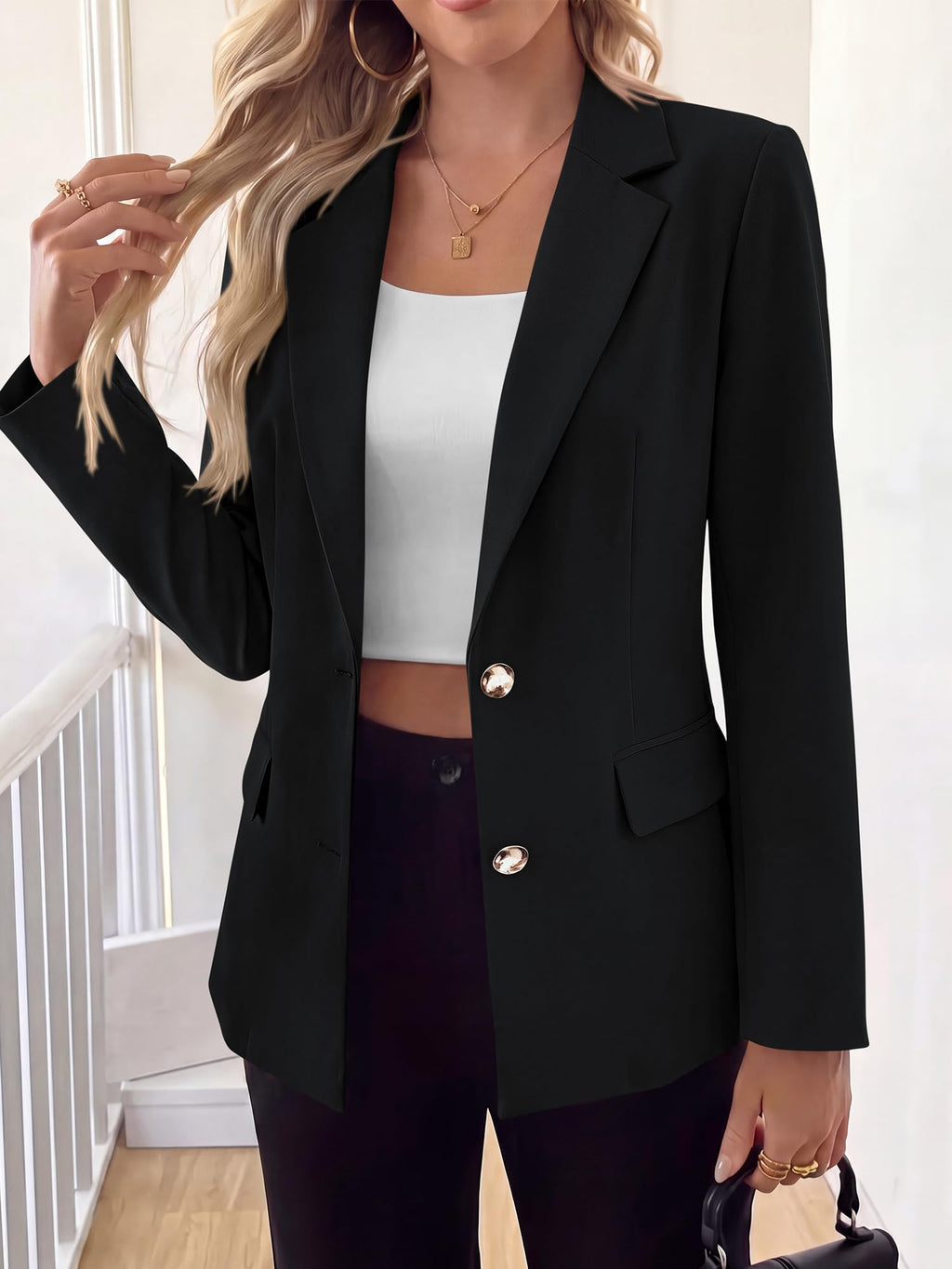 BTFBM Blazers for Women Business Casual Outfits Work Fall Clothes Breasted Notch Lapel, Long Sleeve, Gold Button, Fitted, Open Front Suit Jackets, Pockets, Dressy Professional Office Blazer