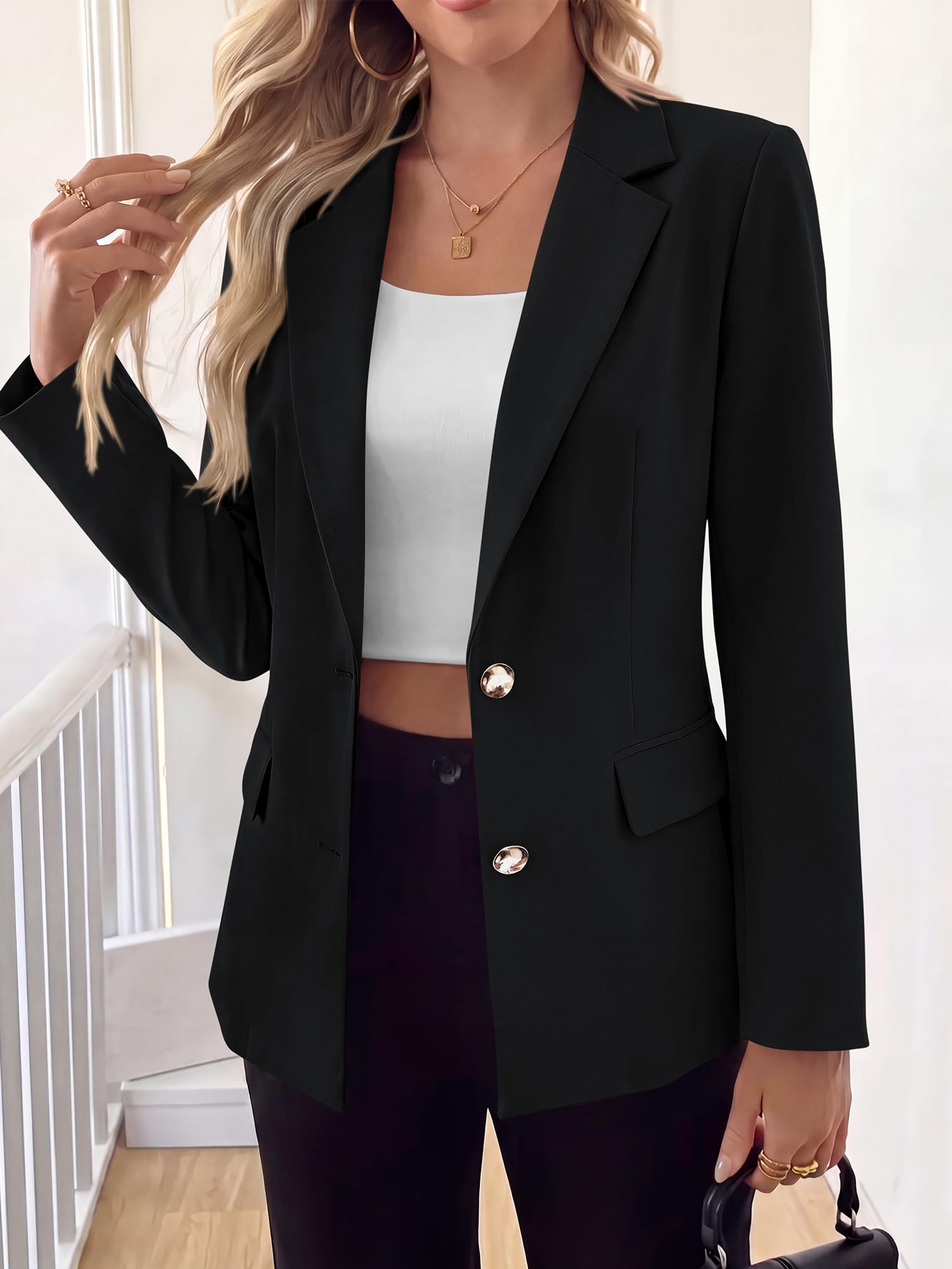 BTFBM Blazers for Women Business Casual Outfits Work Fall Clothes Breasted Notch Lapel, Long Sleeve, Gold Button, Fitted, Open Front Suit Jackets, Pockets, Dressy Professional Office Blazer