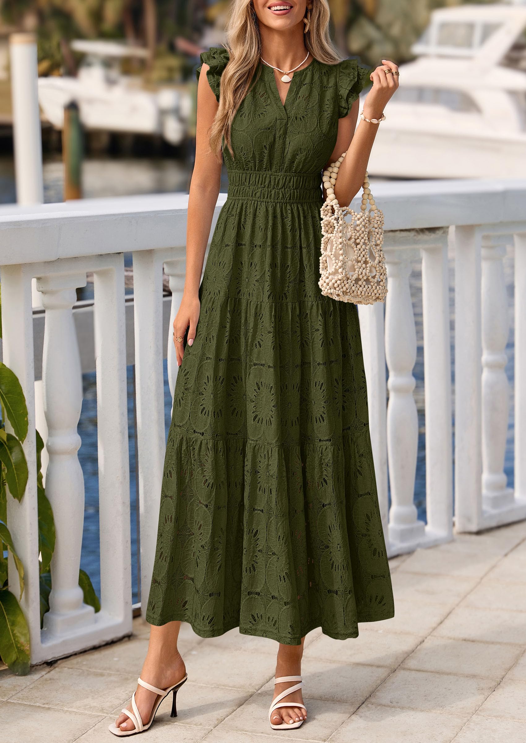 PRETTYGARDEN Womens Boho Maxi Dresses Summer Floral Lace Eyelet V Neck Spring Wedding Guest Dress Beach Vacation Clothes