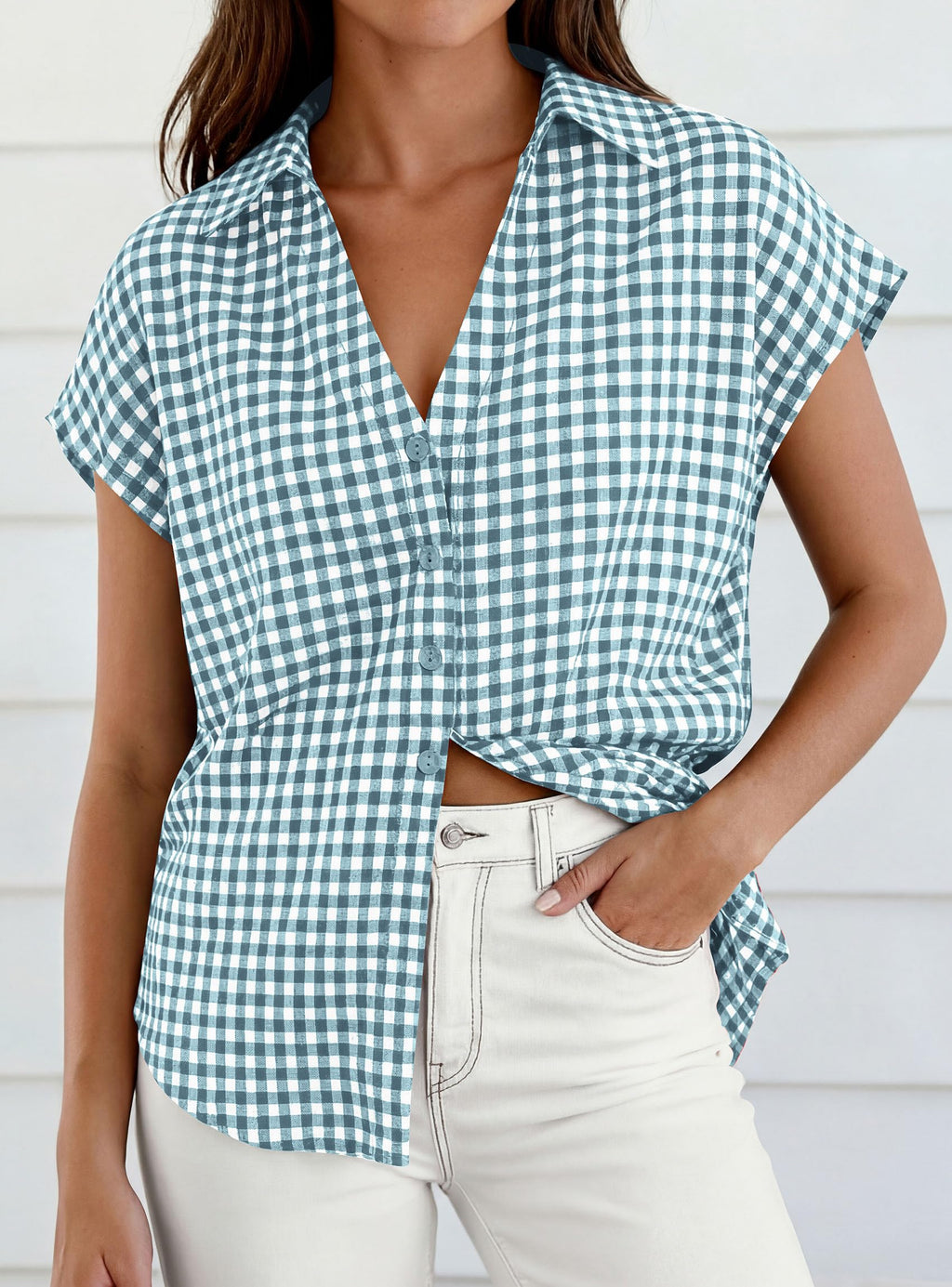 PRETTYGARDEN Womens Short Sleeve Shirts Plaid Button Down Blouse Dressy Casual Summer Spring Business Gingham Work Tops